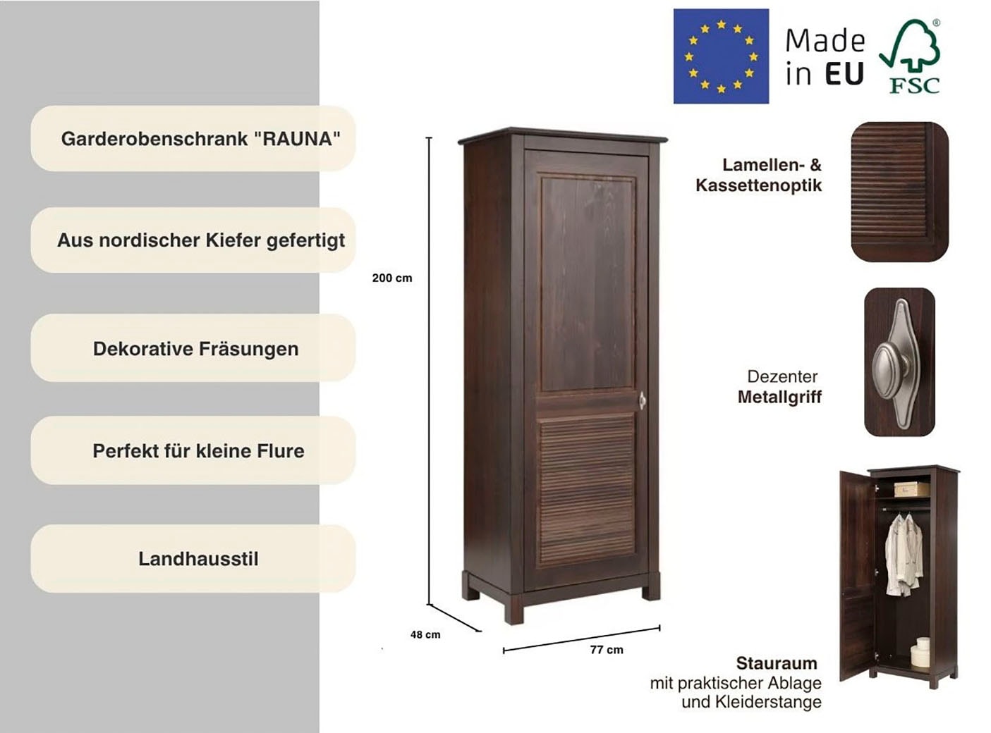 Home affaire Garderobenschrank »Rauna«, Aus massiver Kiefer, mit dekorativen Fräsungen