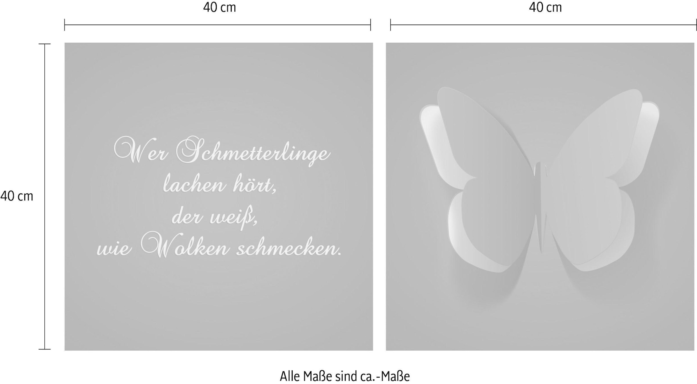queence Leinwandbild »Schmetterling«, Tiere-Schmetterlinge-Kunst-Modern-Spa-Spa Bilder-Sprüche-Sprüche & Texte-Schriftzug-Schriftzüge, (Set), Premium-Leinwandstoff, Handarbeit aus Deutschland, Spruch, 2er Set