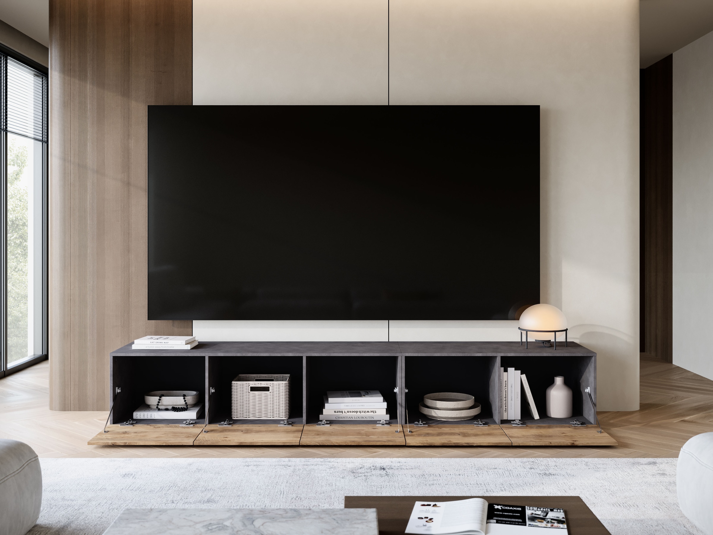 OTTO home Lowboard »Denver 250 cm für bis zu 98-Zoll TVs - Weltmeisterschaft im XXL Format« Wahlweise mit oder ohne offenes Fach in der Mitte