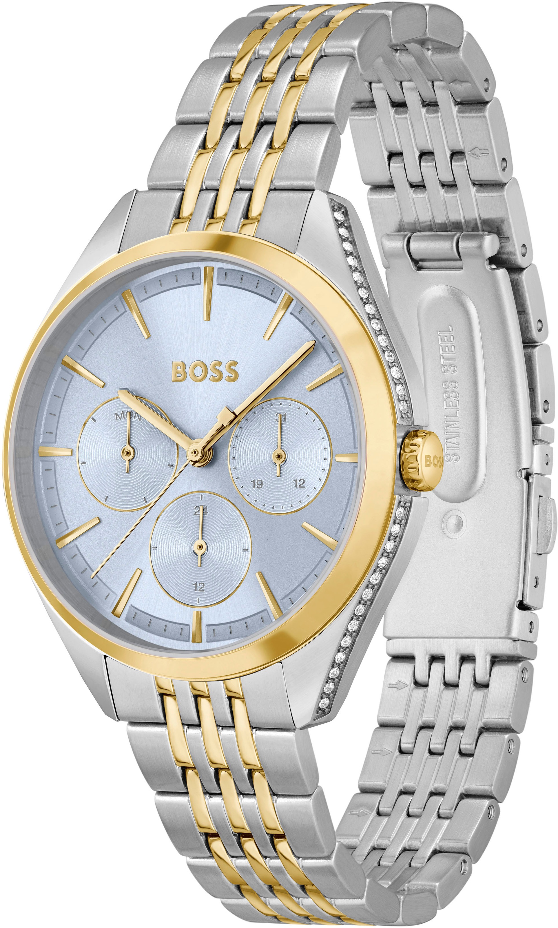 BOSS Multifunktionsuhr »SAYA«, Quarzuhr, Damenuhr, Armbanduhr, Glaskristalle, Edelstahlarmband