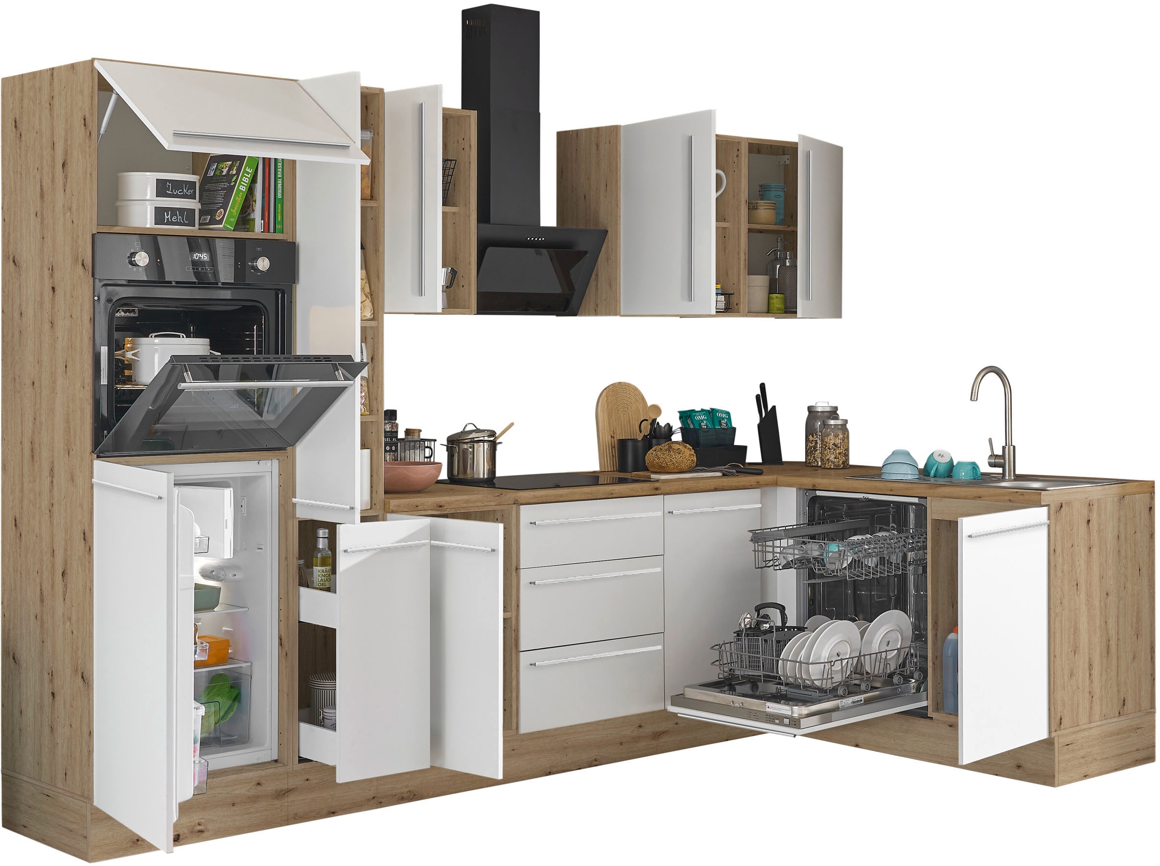 KOCHSTATION Winkelküche »Florida, Stellbreite 310x175 cm« wahlweise mit E-Geräten, mit Softclose für Türen und Schubkästen
