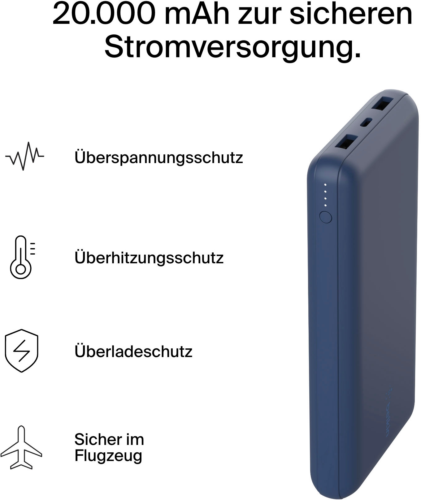 Belkin Powerbank »BoostCharge 20.000mAh Powerbank 15 Watt zum Laden von 3 Geräten«, 1x USB-C, 2x USB-A, Power für bis zu 78 Stunden