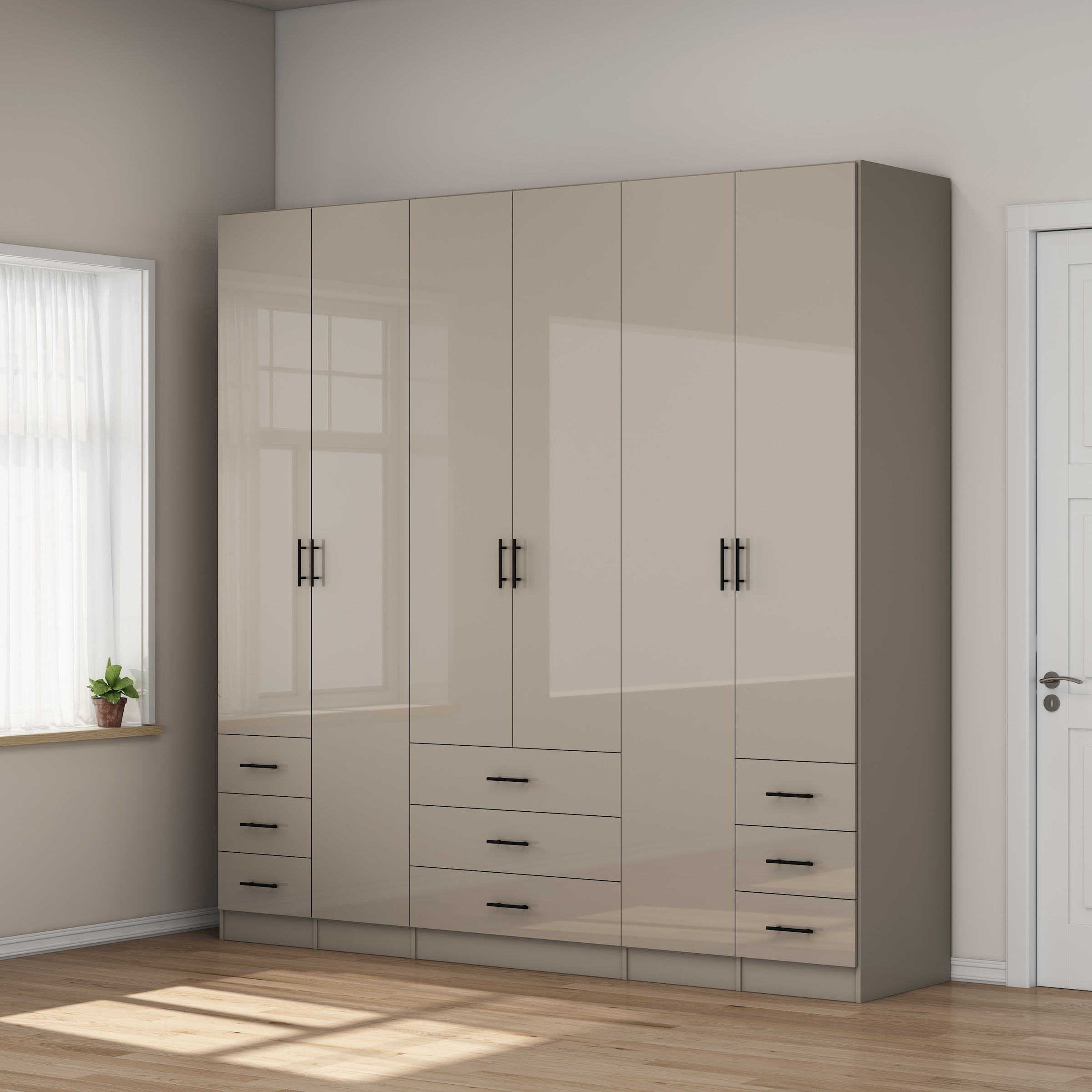 OTTO home Kleiderschrank »Trento Schlafzimmerschrank Garderobe hochglanz« in 2 unterschiedlichen Schrankhöhen wählbar,  Schrank mit 6 Türen und 9 Schubladen, Hochglanz-Fronten, 2,39m Höhe