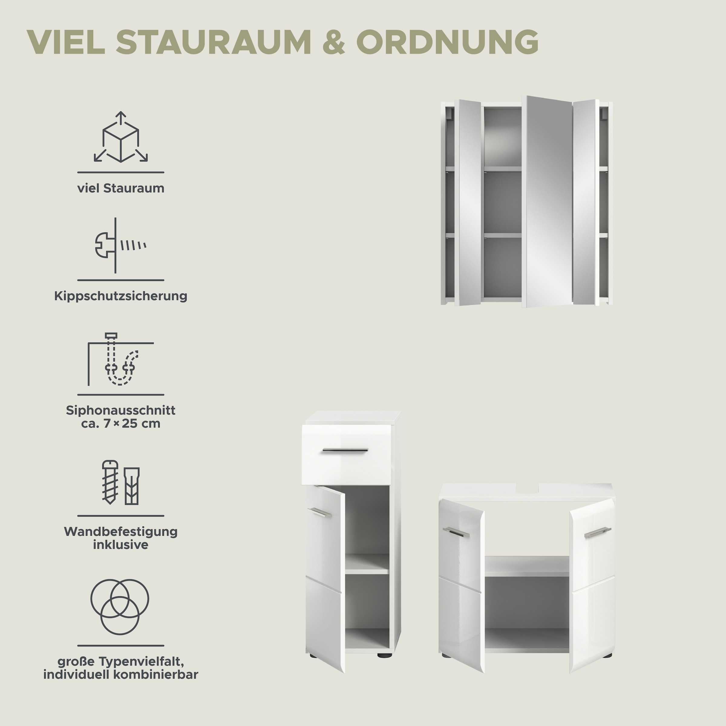 INOSIGN Badmöbel-Set »FLORENZ, TOPSELLER!, 3-teilige Badkombination, hochwertige MDF-Front«, (best. aus: 1 Unterschrank, 1 Waschbeckenunterschrank, 1 Spiegelschrank), Bad-Kombination, Bad-Möbel, Badezimmer, Kombination, Kombi