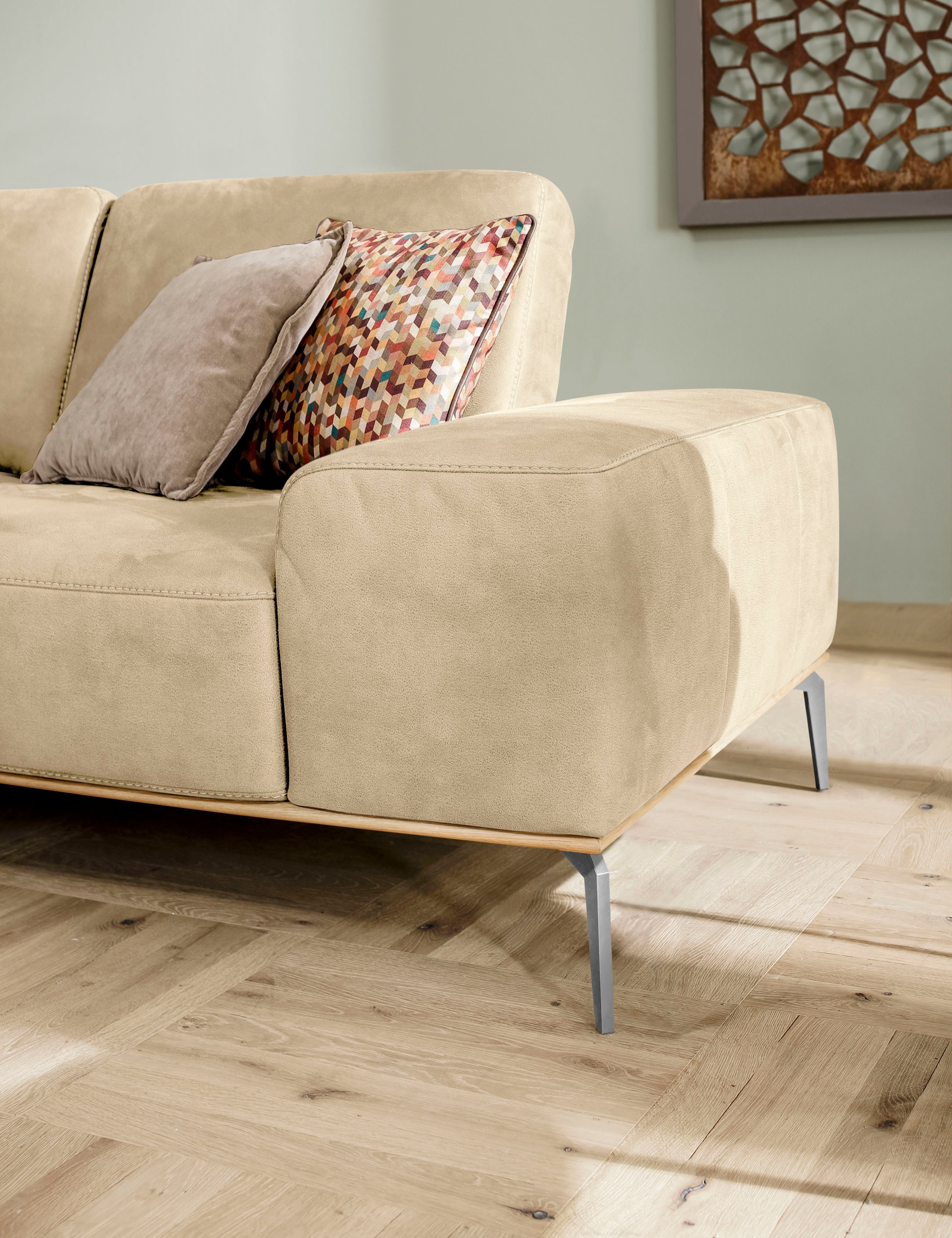 W.SCHILLIG Ecksofa »run, Designsofa mit tollem Sitzkomfort,  L-Form« mit elegantem Holzsockel, Füße in Chrom glänzend, Breite 279 cm