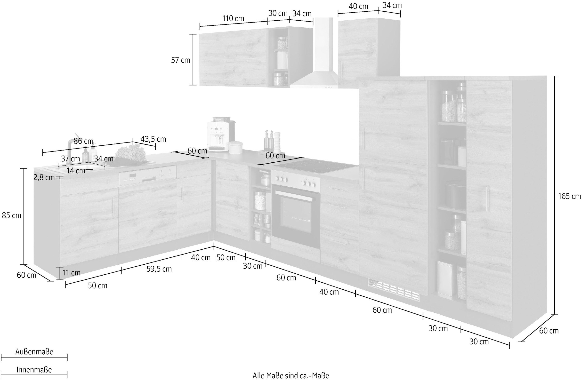 KOCHSTATION Winkelküche »KS-Colmar«, mit E-Geräten, Stellbreite 210/360 cm