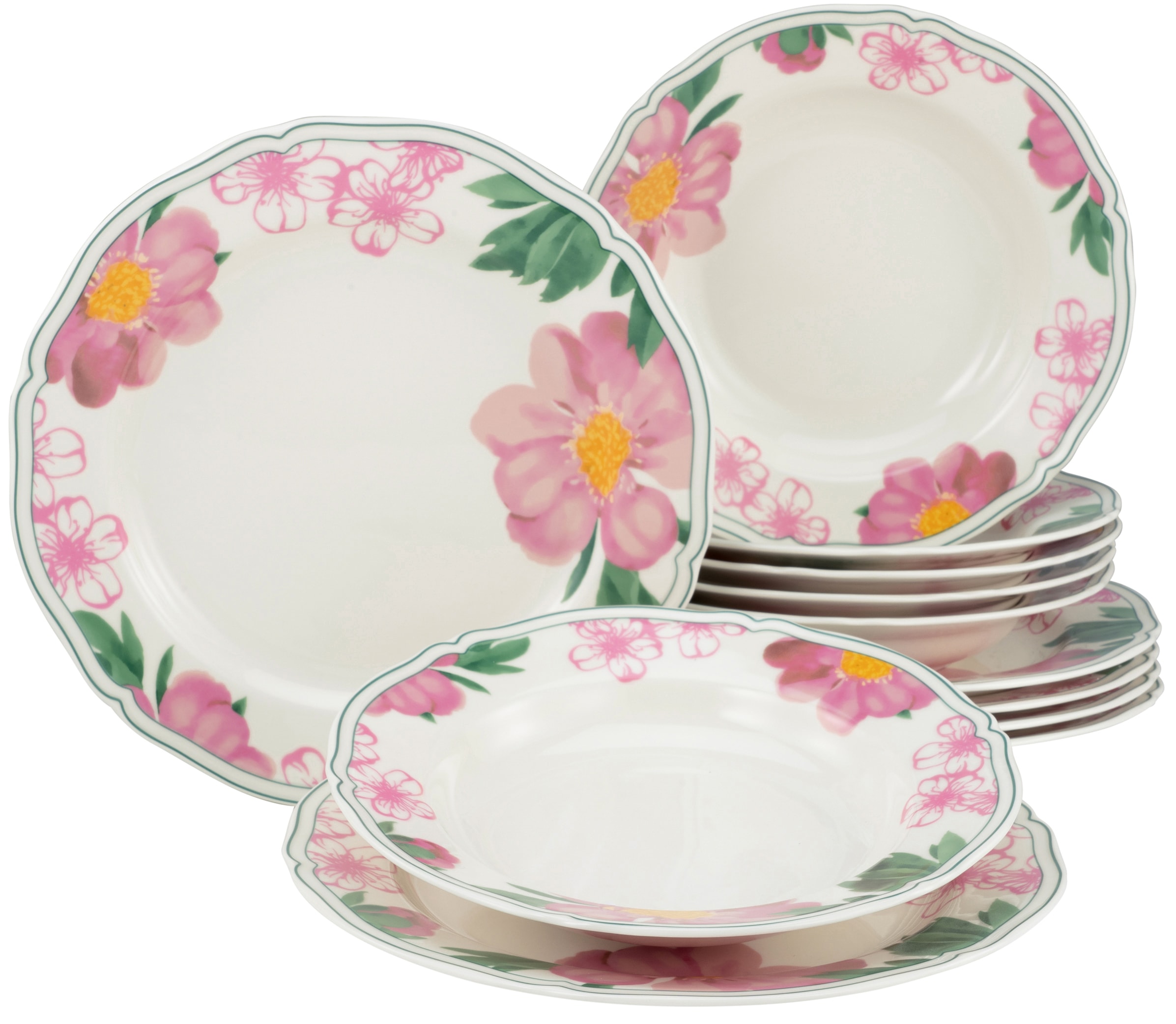 CreaTable Tafelservice »Teller Set, Geschirr-Set Rose«, (Set, 12 tlg., Teller Set für 6 Personen), Service, Premium-Porzellan, Made in Europe, 12 Teile, für 6 Personen