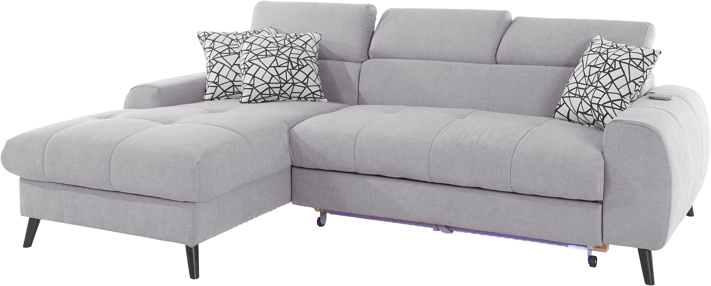 COTTA Ecksofa »Mia L-Form mit 3 Zierkissen«, wahlweise mit Bettfunktion, Bettkasten, Beleuchtung & Wireless-Charger