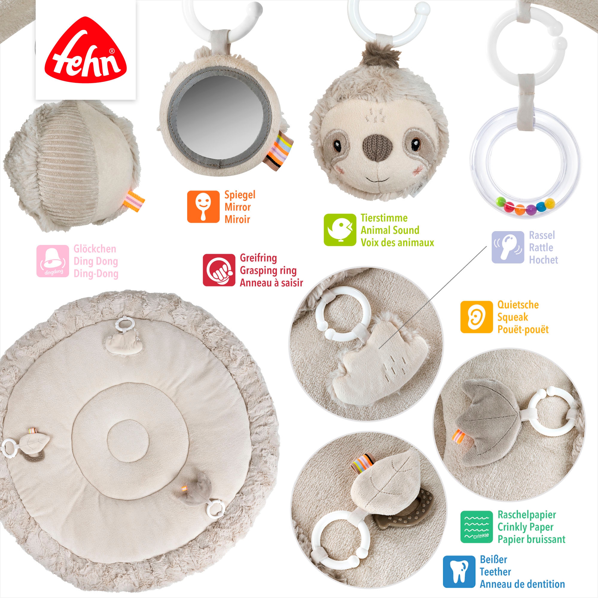 Fehn Spielbogen »Lazy, Crazy & Pink, Faultier, 3-D-Activity-Decke«, mit 5 abnehmbaren Spielzeugen