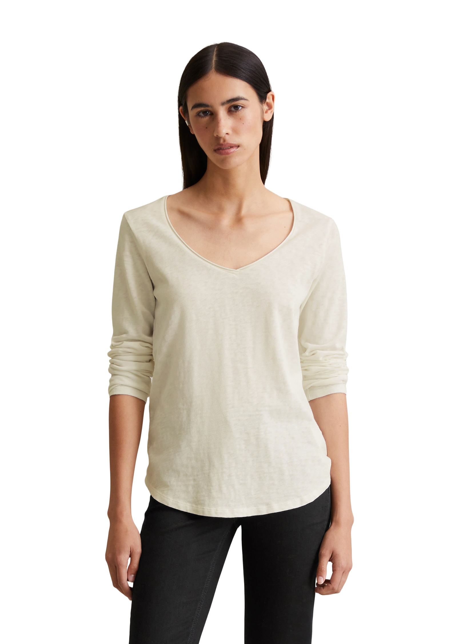 Marc O'Polo DENIM Langarmshirt mit Rollkante am V-Ausschnitt