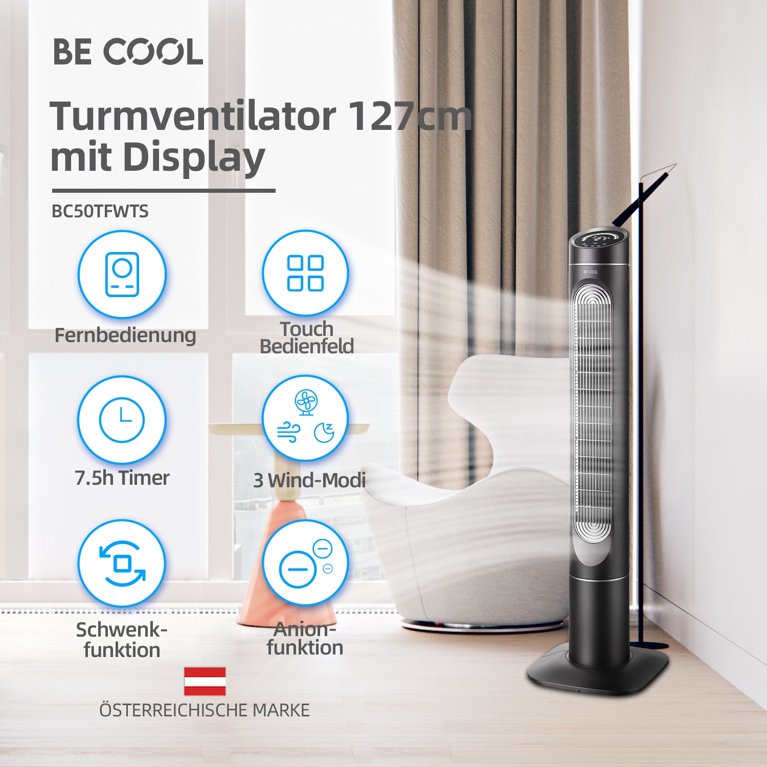be cool Turmventilator »Turmventilator 127cm mit Display BC50TFWTS schwarz/weiß«, Temperaturanzeige, Ionisator