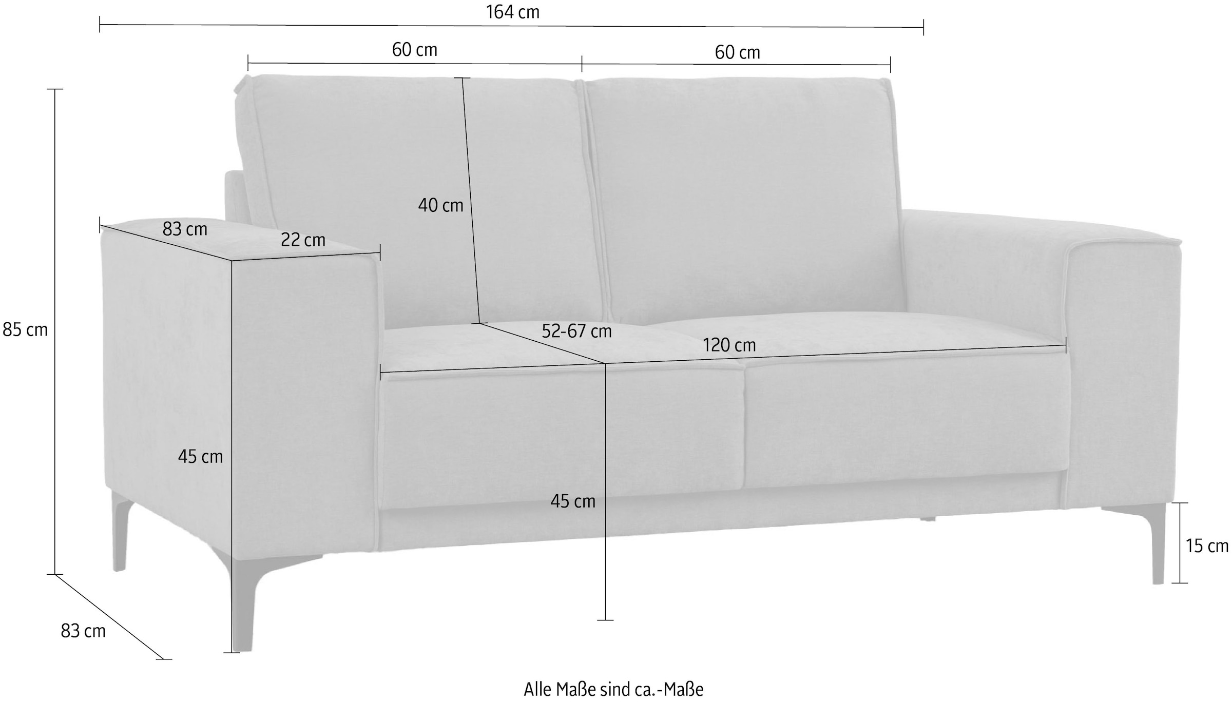 Places of Style 2-Sitzer »Kompaktsofa Oland, Struktur, Flachgewebe, Luxus-Microfaser, Boucle«, 164 cm, Wellenunterfederung, Skandi-Design, Metallfüße