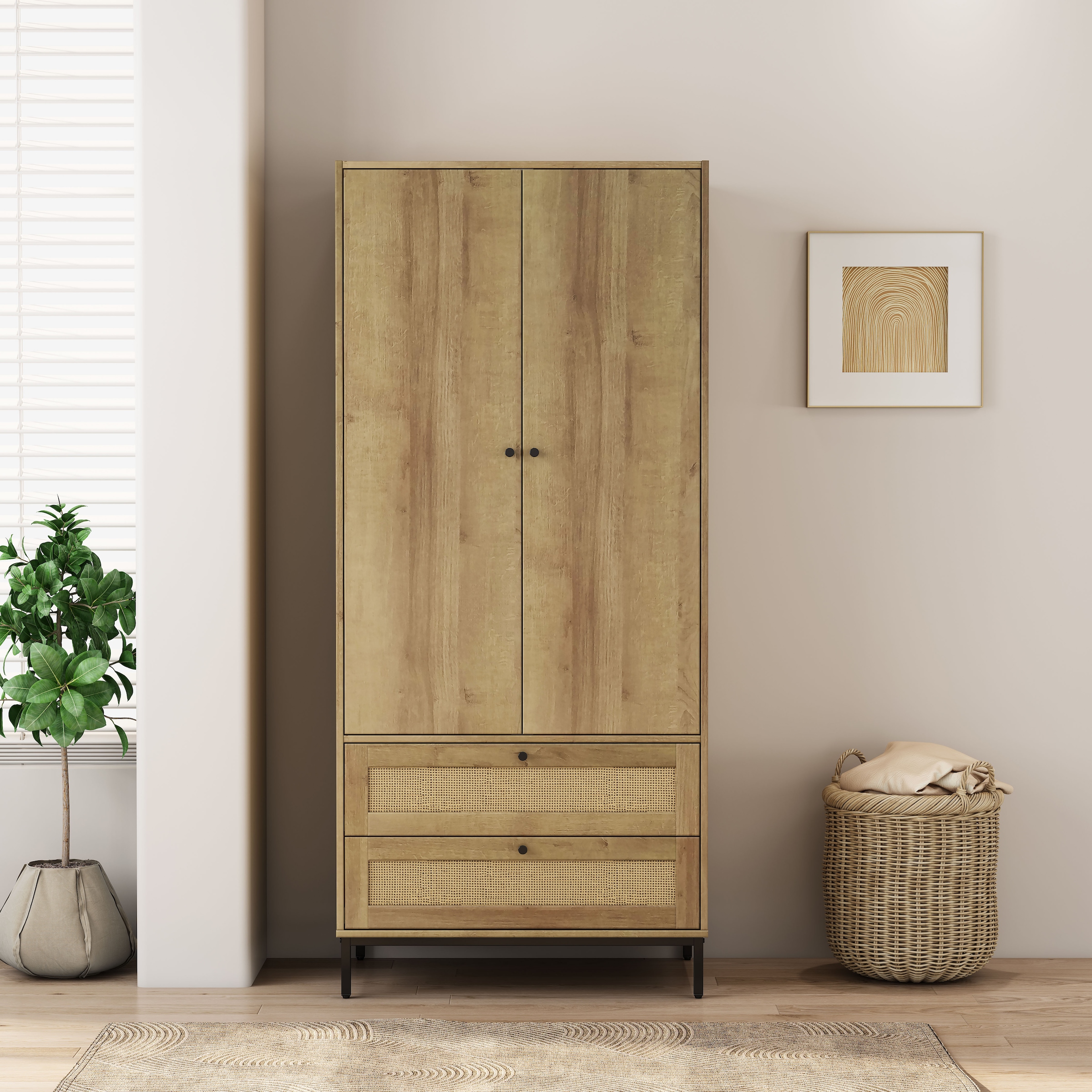 OTTO home Kleiderschrank »Motala Schlafzimmerschrank Garderobe Boho Eichen-Design Bestseller« Moderne schwarze Griffe, Schublade mit Geflecht,  Schlafzimmerschrank mit 2 Türen und 2 Schubladen