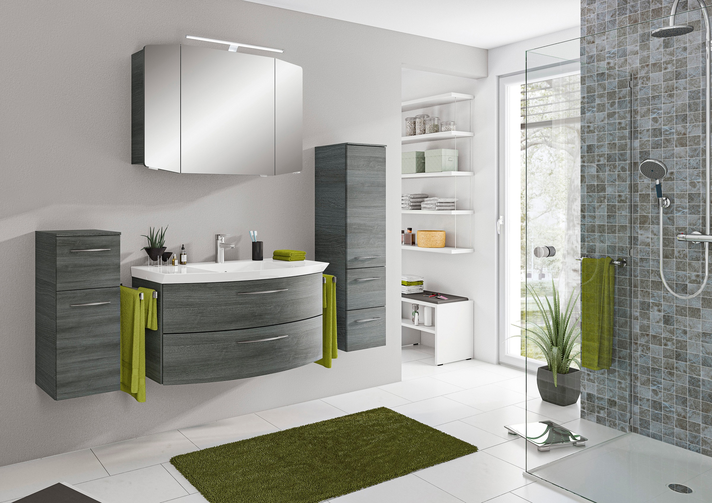 Saphir Badezimmer-Set »Cassca Sprint 4-teilig Mineralmarmor-Waschtisch mit LED-Spiegelschrank«, (5 St.), Midischrank, Unterschrank, inkl. Türdämpfer, 5 Türen, 5 Schubladen