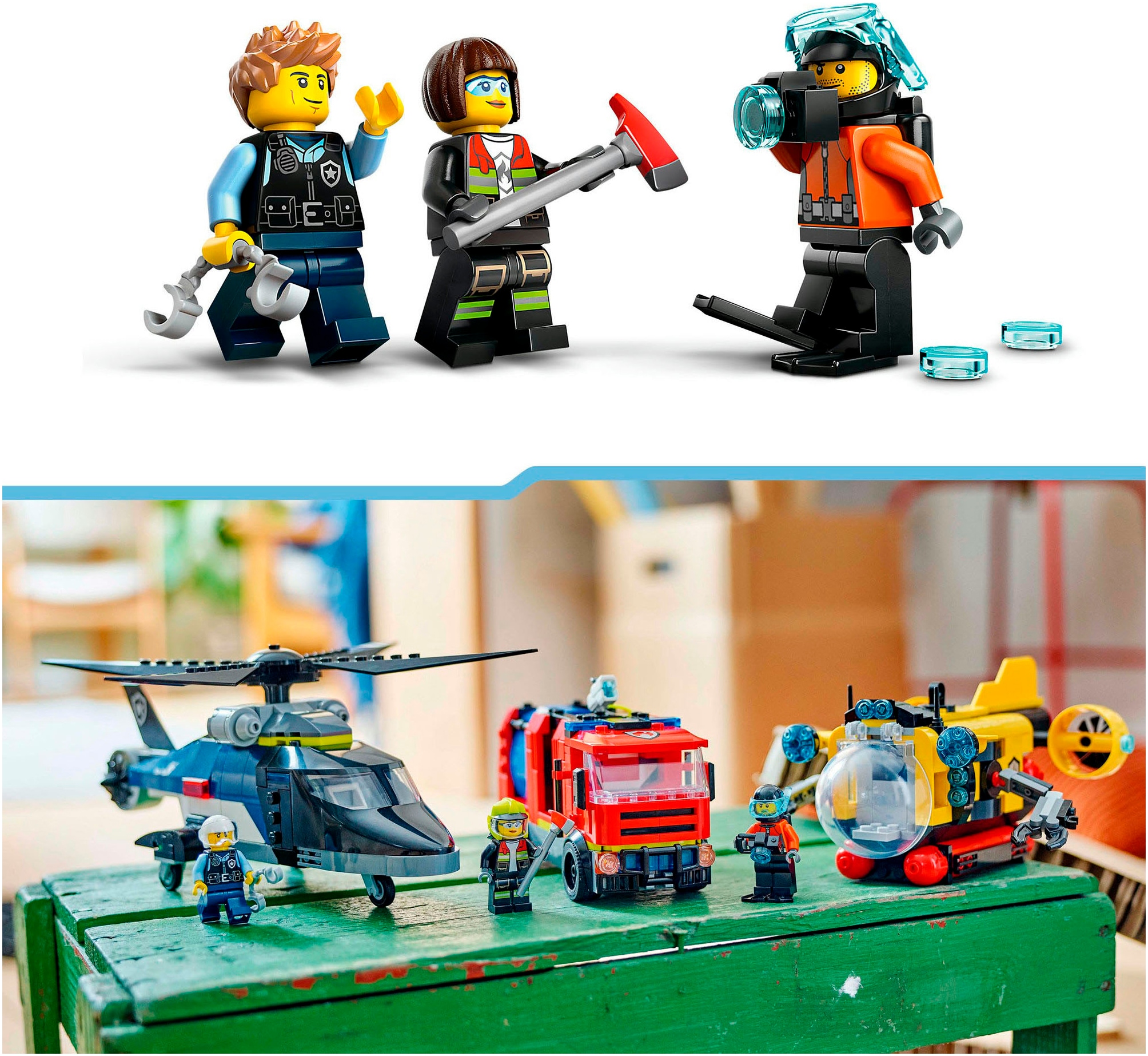 LEGO® Konstruktionsspielsteine »Kombinationsset mit Hubschrauber, Löschauto und U-Boot (60462)«, (874 St.), LEGO City; Made in Europe
