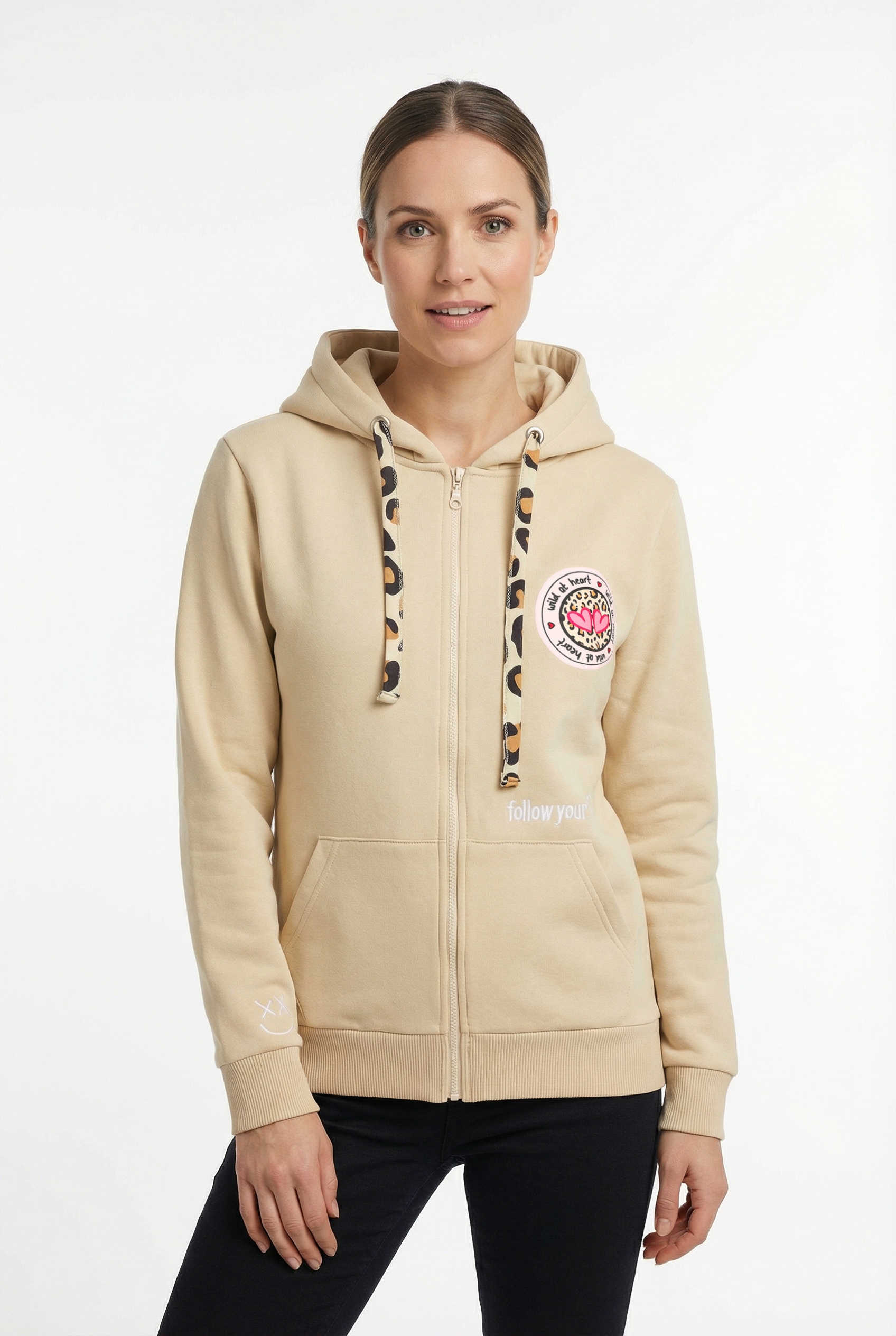 Zwillingsherz Kapuzensweatjacke Leo-Details, Langarm, Reißverschluss, Baumwollmischung