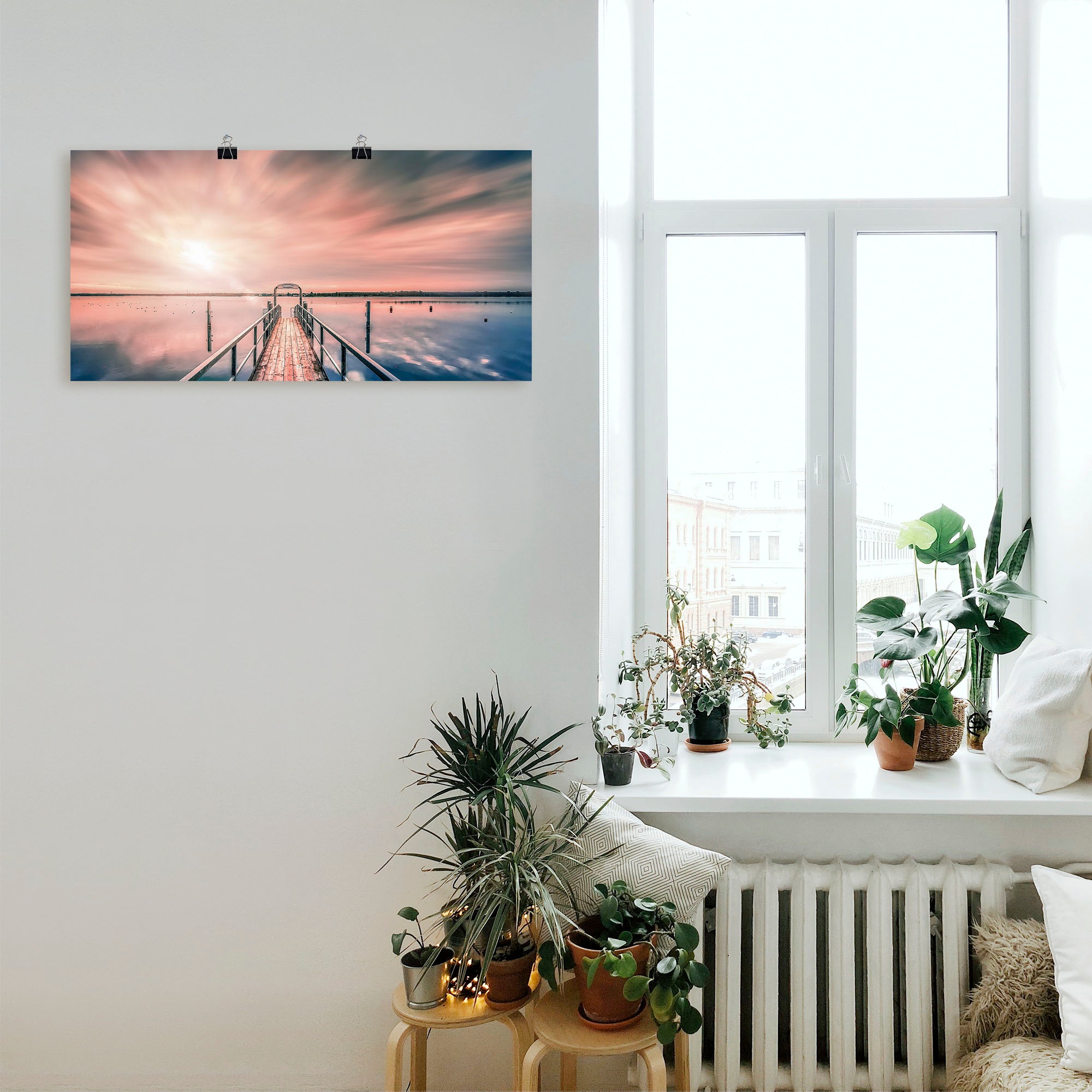 Artland Wandbild »Steg im Sonnenlicht mit Wolken«, Bilder vom Sonnenuntergang & -aufgang, (1 St.), in vielen Größen & Produktarten , Alubild, Leinwandbild, Poster, Wandaufkleber