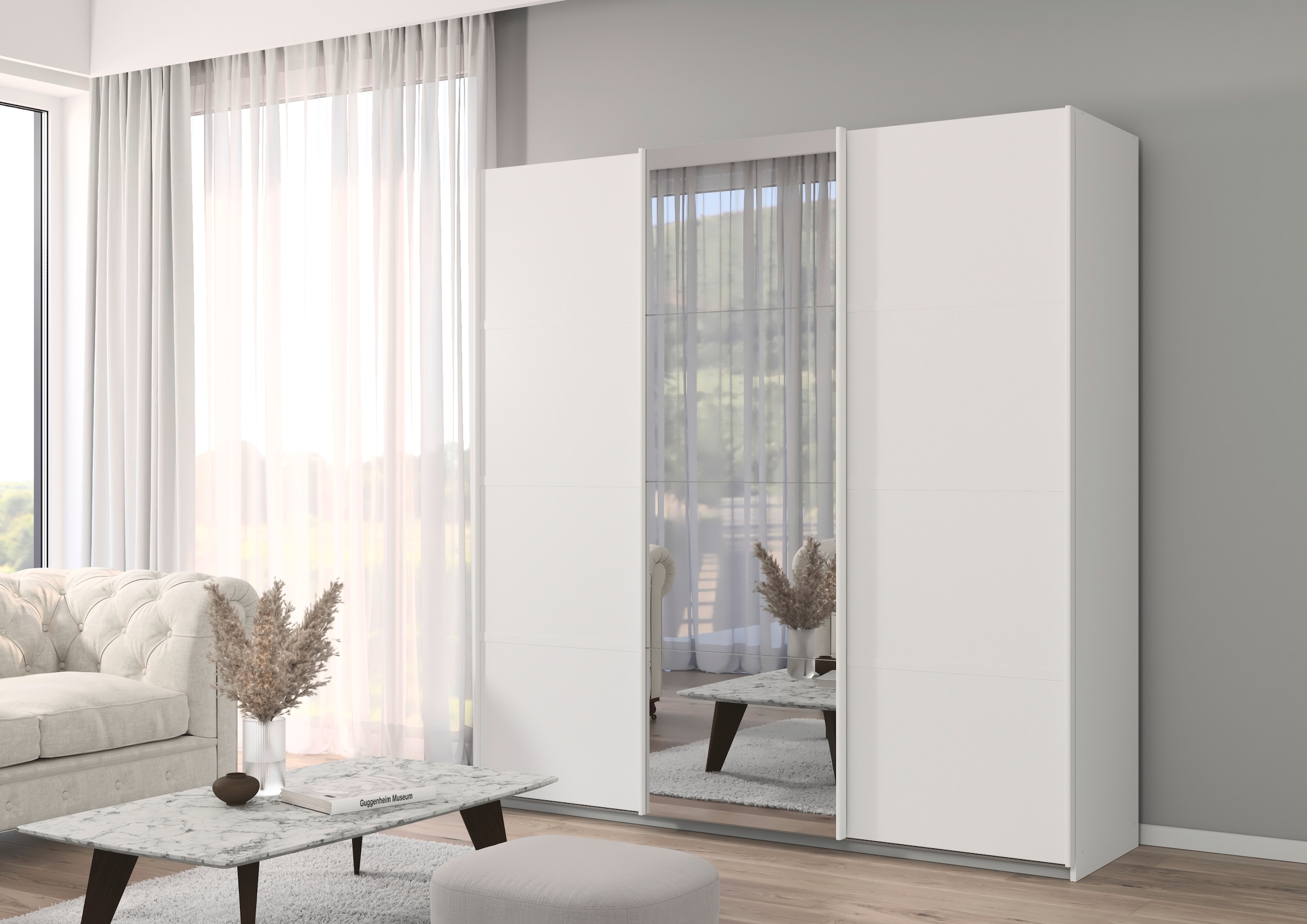 rauch Kleiderschrank »Schwebetürenschrank OTTO´s Choice Garderobe Schrank TOP ANGEBOT Avola« in 3 verschiedenen Ausstattungen BASIC/CLASSIC/PREMIUM inkl. Spiegel,  mit eleganten Zierleisten in Chrom, Schwarz oder Weiß MADE IN GERMANY