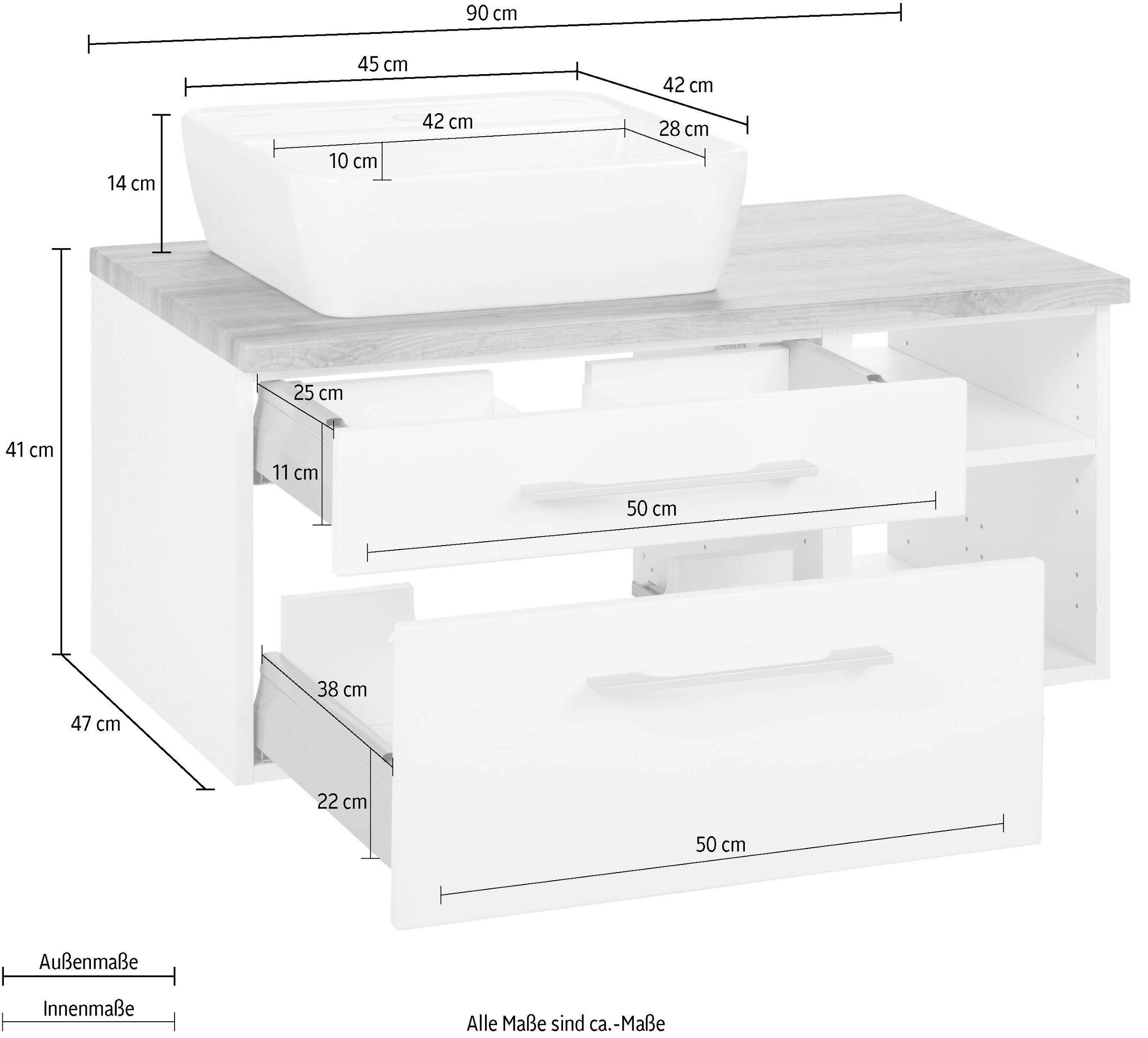 welltime Waschbeckenunterschrank »Davos«, Badmöbel, Waschtisch inkl. Waschbecken, Breite 90 cm