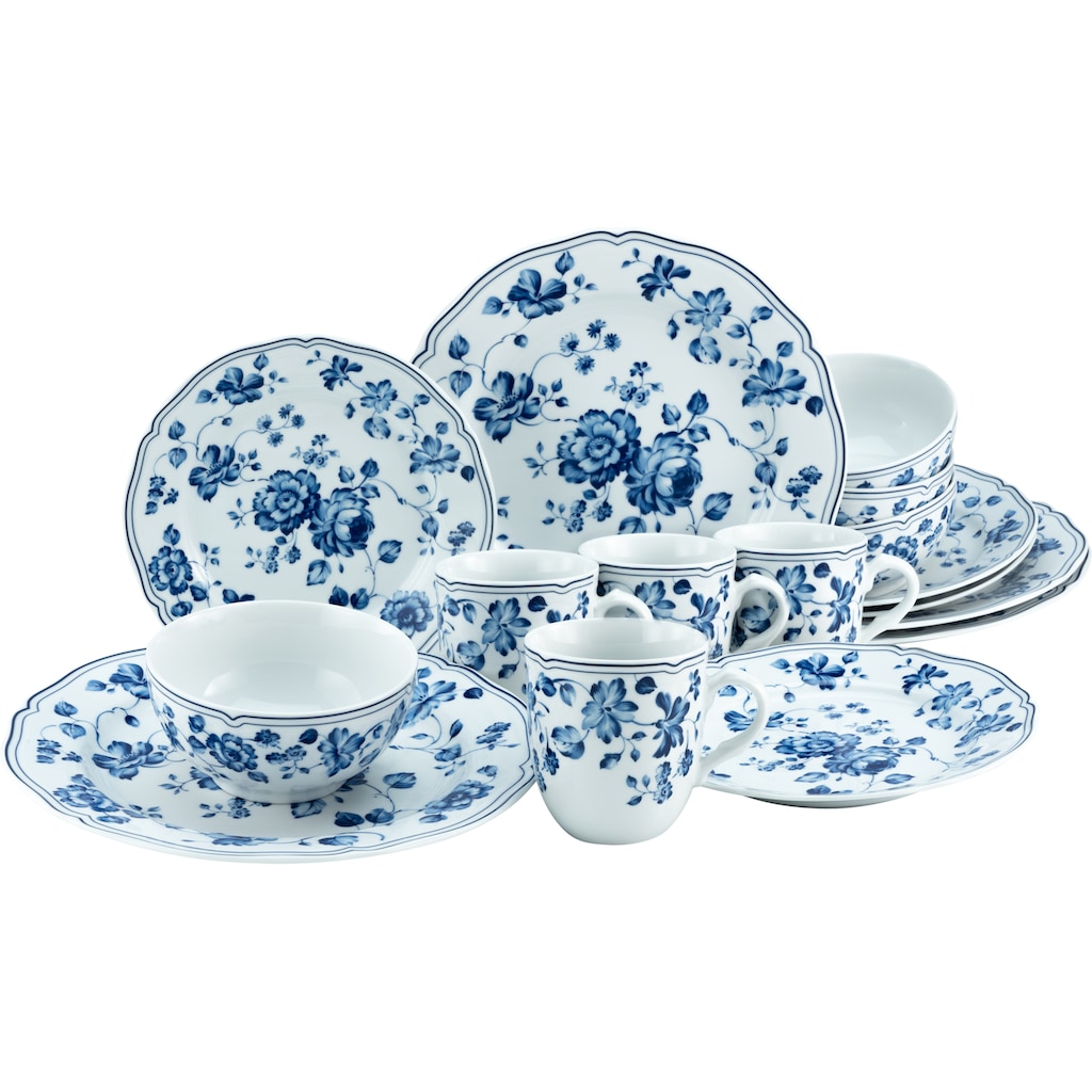 CreaTable Kombiservice »Geschirr-Set ROYAL BLUE FLOWER«, (Set, 16 tlg., Kaffeeservice und Tafelservice im Set, für 4 Personen)