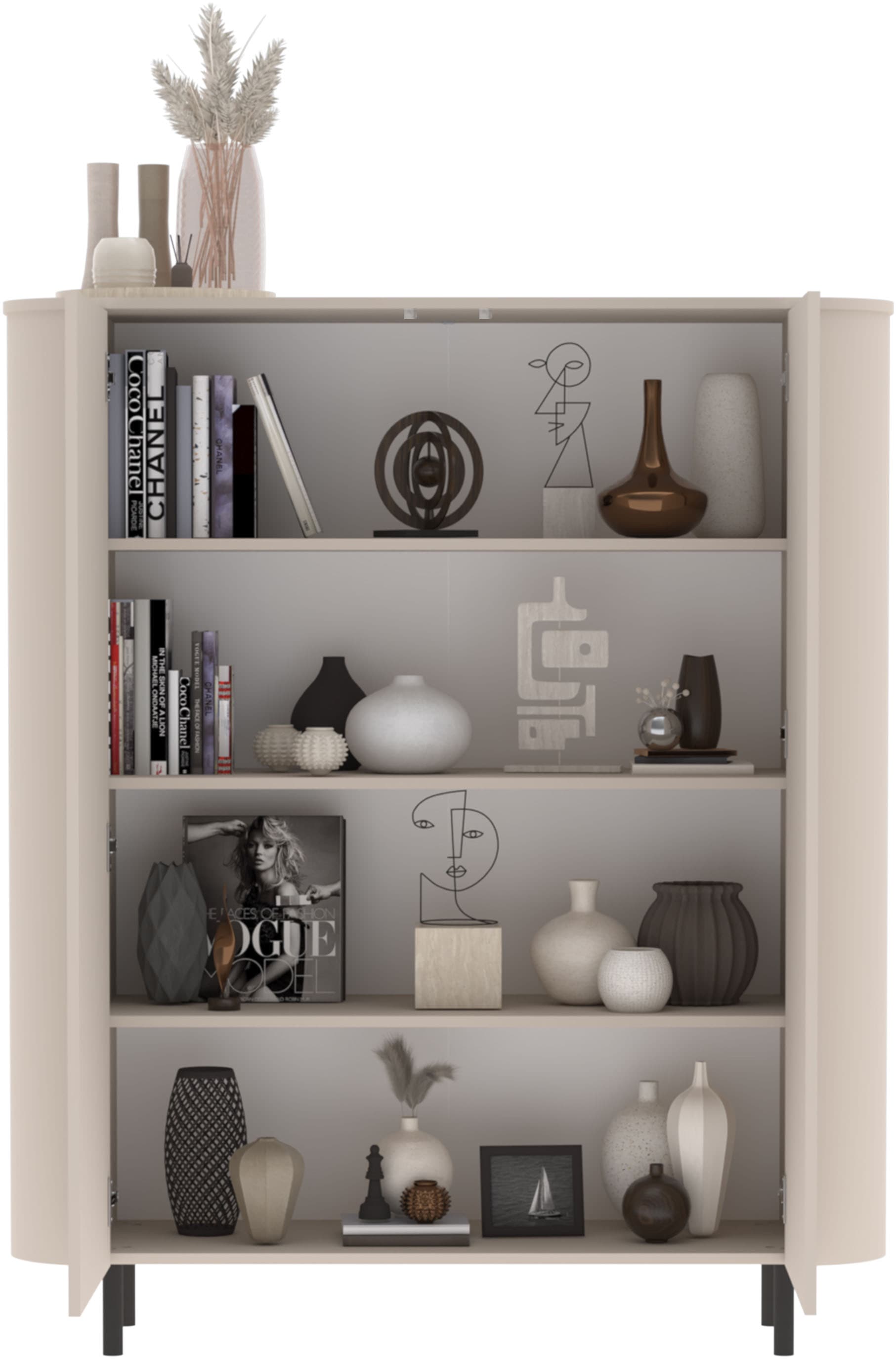 INOSIGN Highboard »Lido, B/H 131/154 cm, 2 Türen, Stauraumschrank, Hochkommode« Formgebogenes MDF, Stirnseiten mit Rundung, Push-to-open, Metallfüße