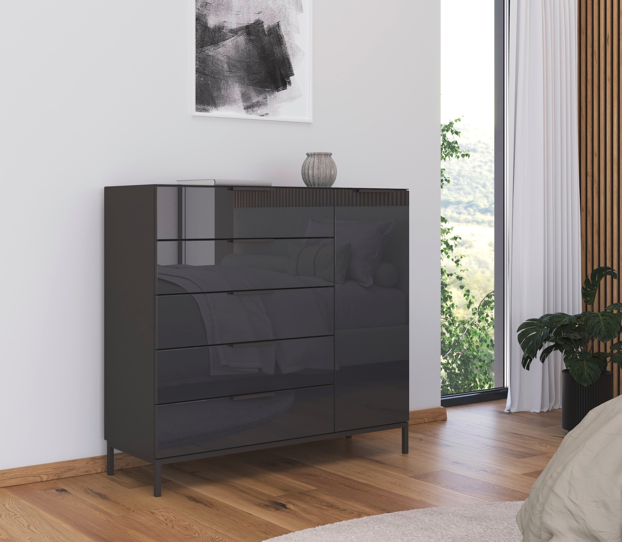 rauch Kombikommode »Kommode Türkommode Sideboard Kombikommode FLIPP mit Glasfront«, (Breite 120 cm mit 2 Einlegeböden), 1-türig, 5 Schubladen, Soft-Close-Funktion, Oberboden und Front Glas