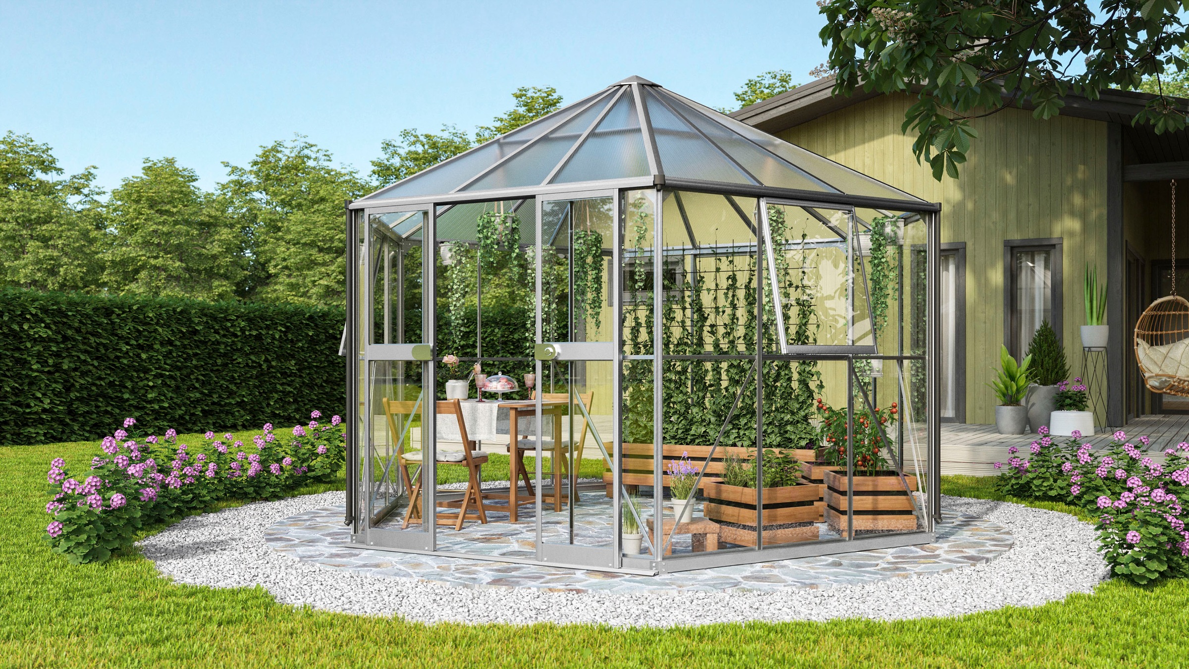 Vitavia Gewächshaus »Pi 9000, mit Stahlfundamentrahmen«, Alu-Profile,3 mm Sicherheitsglas, Dach 6 mm Hohlkammerplatten