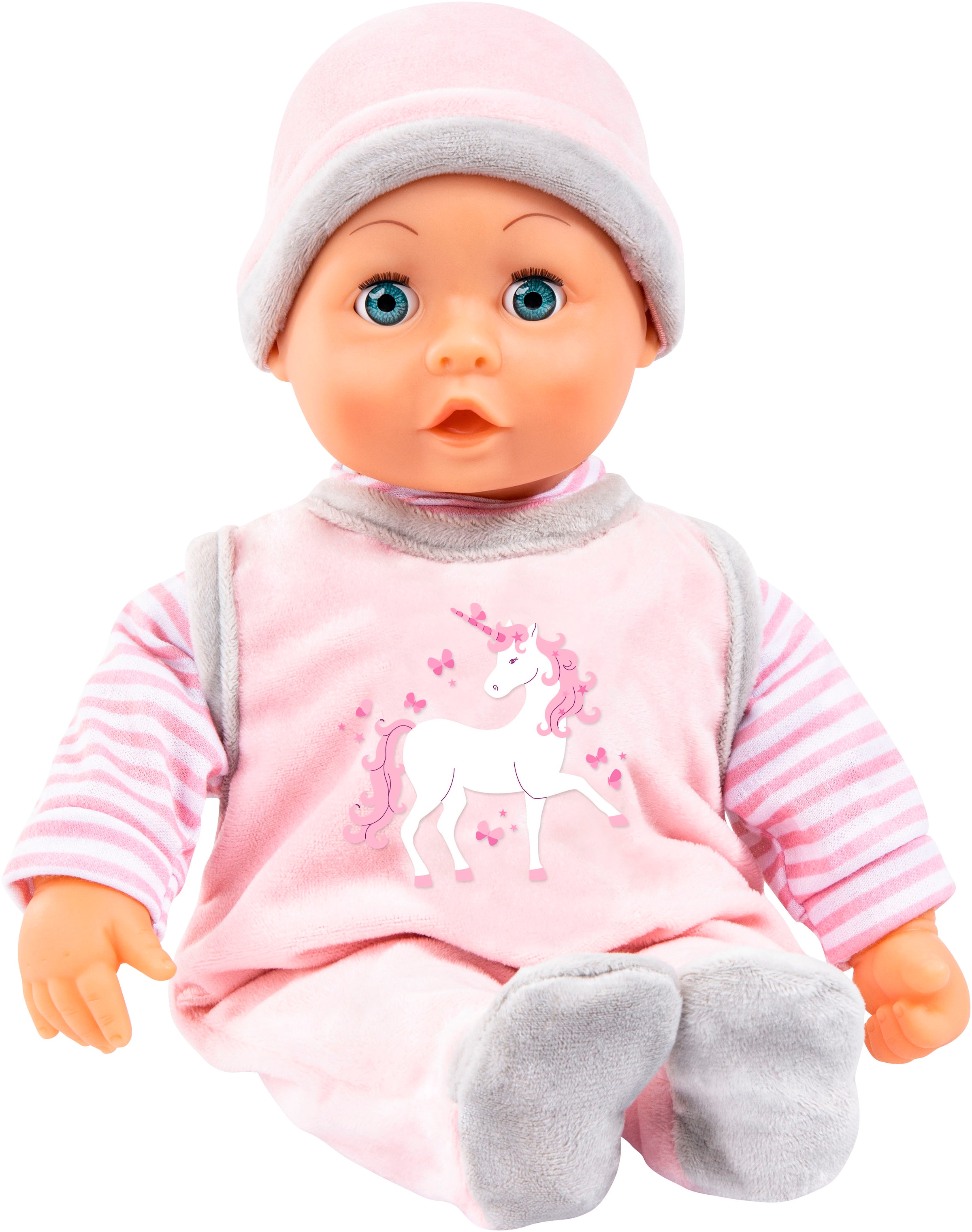 Bayer Babypuppe »First Words Baby, 38 cm rosa Einhorn«, (3 tlg.)