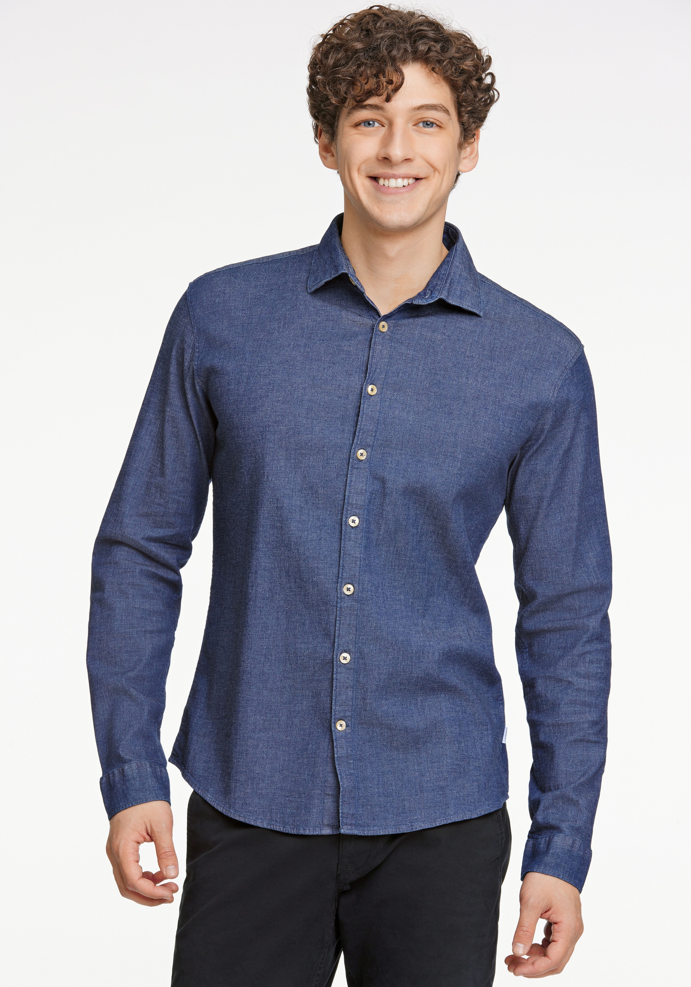 Lindbergh Herren Langarmhemd mit Logostickerei unten links in blau, Größe M