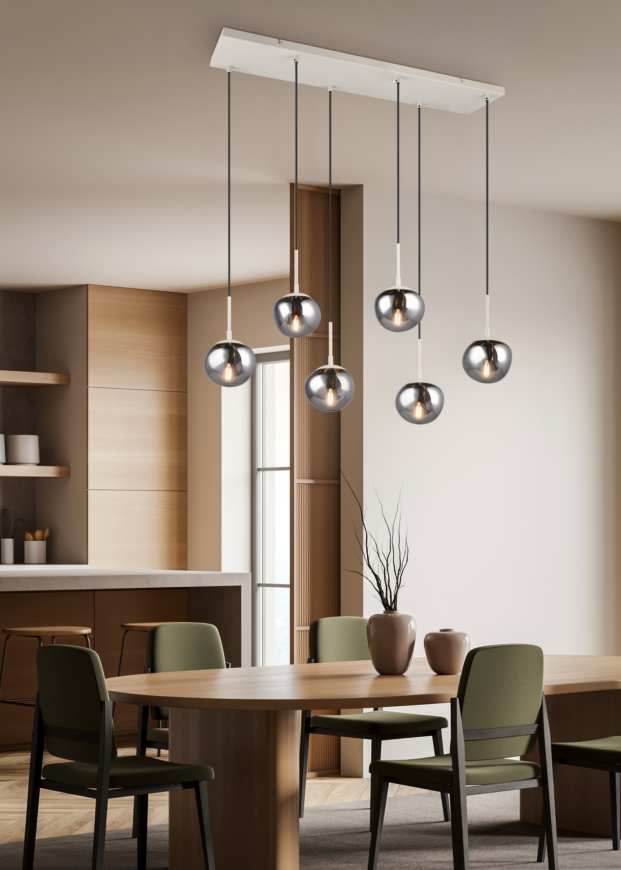 s.Oliver Pendelleuchte »ANJELLA, Hängelampe exkl 6x E14 max 10W, in warm grey + smoke Glas«, 6 flammig, Leuchtmittel E14 | Leuchtmittel wechselbar, mit mundgeblasenen Glas Lampenschirmen in rauchgrau, 150 x 90 x 30 cm