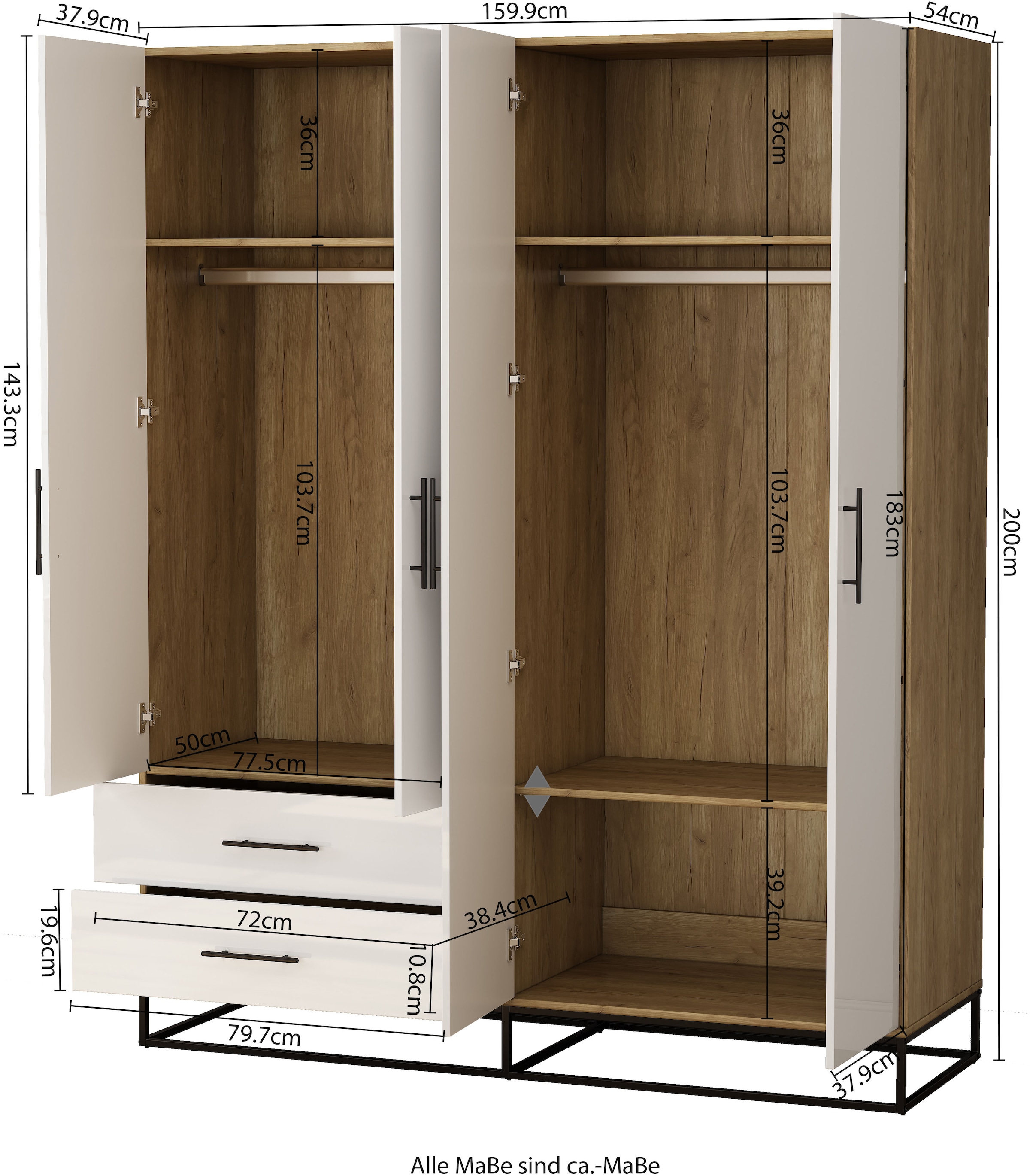 OTTO home Kleiderschrank »Lucca Schlafzimmerschrank Garderobe Hochglanz Bestseller« Schwarze Griffe und Kufengestell aus Metall,  Schlafzimmerschrank mit 4 Türen und 2 Schubladen, Breite 160cm