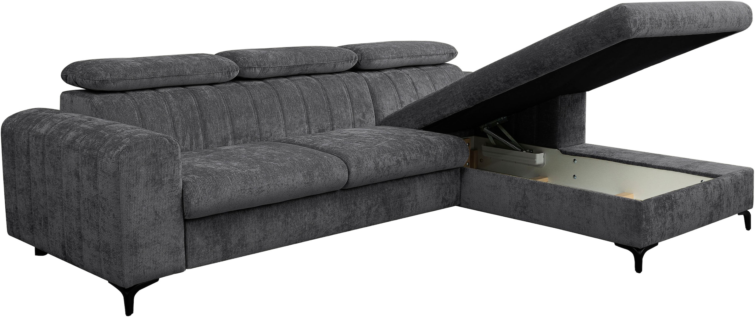 WERK2 Ecksofa »Foster L-Form mit Schlaffunktion und Bettkasten, 264 cm breit« 3 verstellbare Kopfstützen & Pfeifensteppung im Retro-Look
