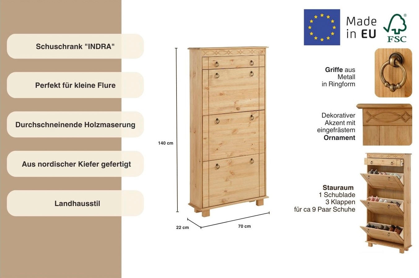 Home affaire Schuhschrank »Indra«, aus massiver Kiefer, FSC®, Breite 70 cm, Platz für ca. 9 Paar Schuhe