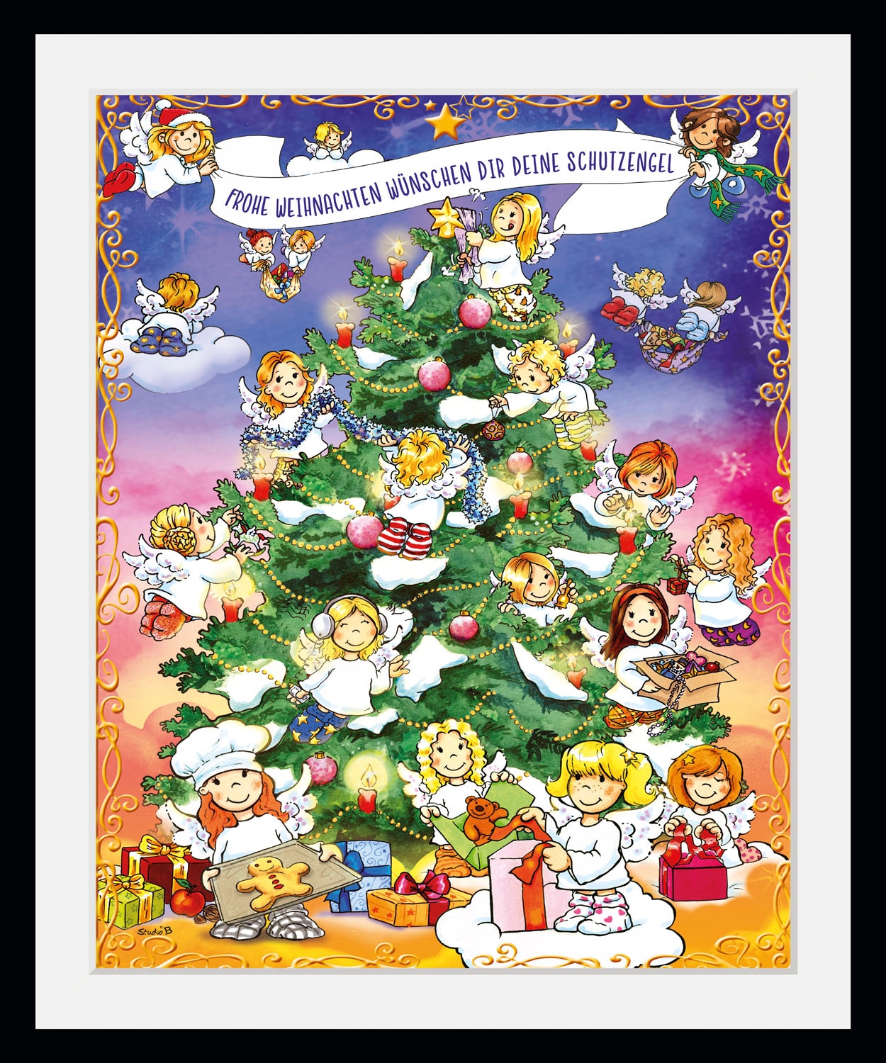 queence Bild »Christmas Tree«, Engel-Schriftzug-Schriftzüge-Weihnachten-Tannenbaum-Weihnachtsbaumkugeln, (1 St.), HD Premium Poster-Druck inkl. Holzrahmen
