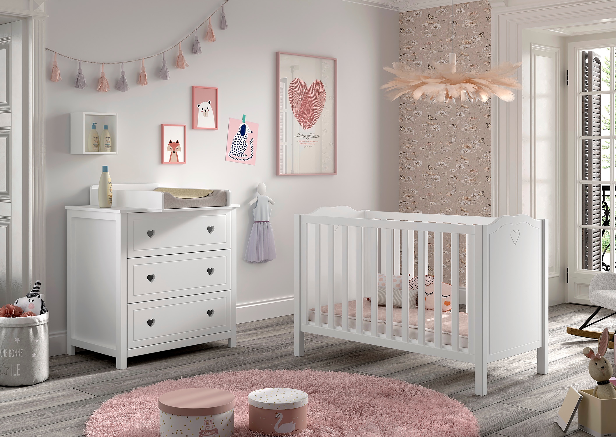 Vipack Babyzimmer-Komplettset »Amori 3-tlg. mit Herz-Ornamenten, MDF/Massiv weiß lackiert«, (3 tlg.)