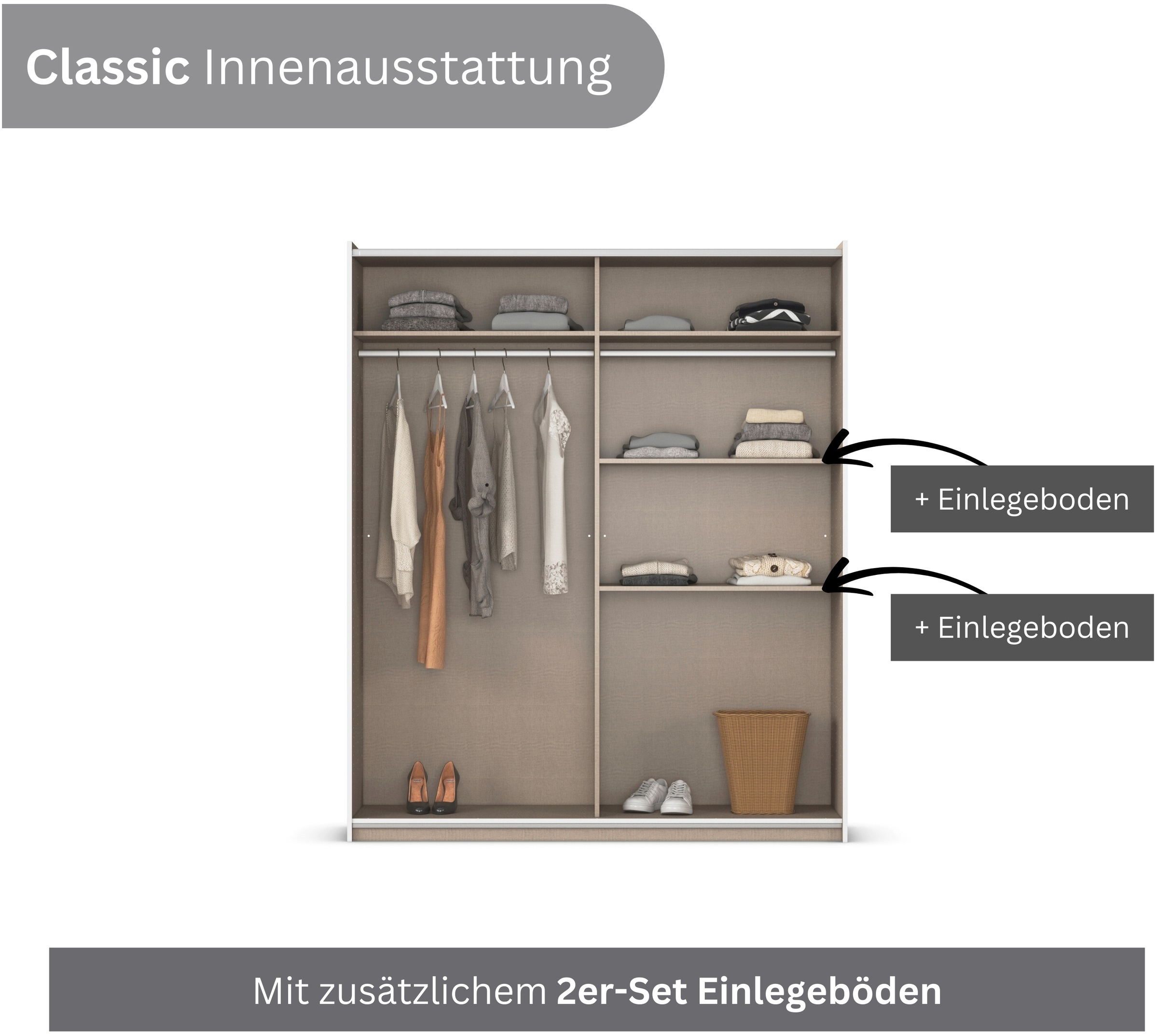 rauch Schwebetürenschrank »Kleiderschrank Drehtürenschrank Schrank Garderobe KRONACH« in 3 Ausstattungen BASIC/CLASSIC/PREMIUM, Breiten 131/175/218/261 cm,  optional ohne, mit 1 oder 2 Spiegel, viel Stauraum MADE IN GERMANY