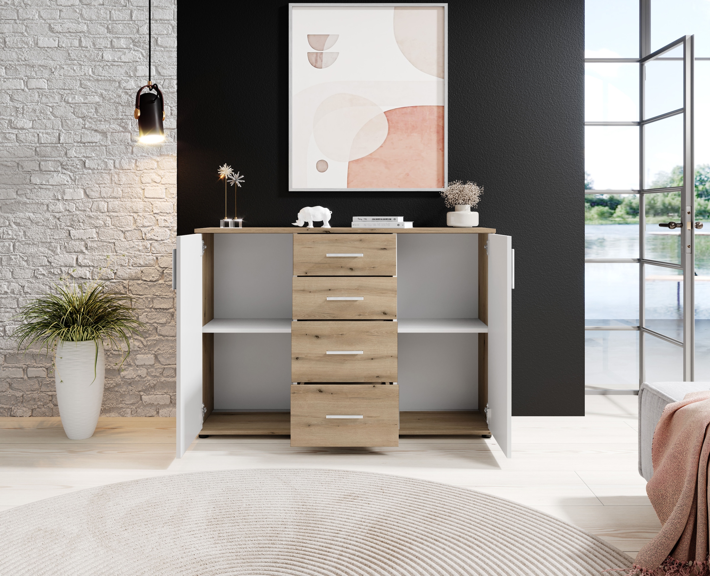HBZ Kommode »BC-Drift-2, Sideboard Stellmaß 120x84x35 cm«, (1 St.), Sideboard mit 2 Türen, 4 Schubkästen, 2 Einlegeböden