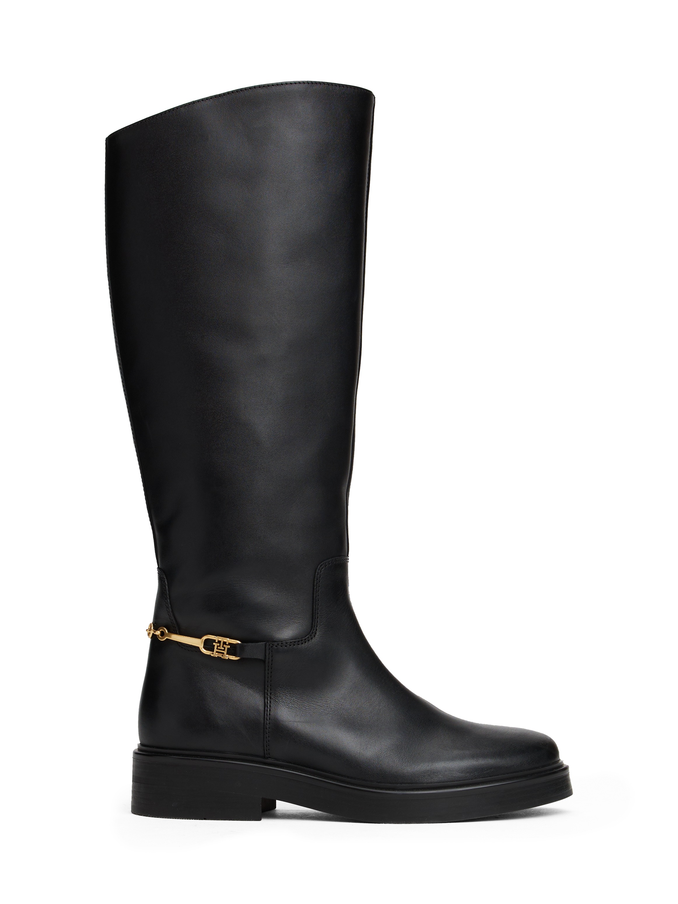 Tommy Hilfiger Stiefel »TH HORSEBIT RIDING LONG BOOT«  , Blockabsatz, Langschaftstiefel, goldfarbene Zierkette an der Ferse