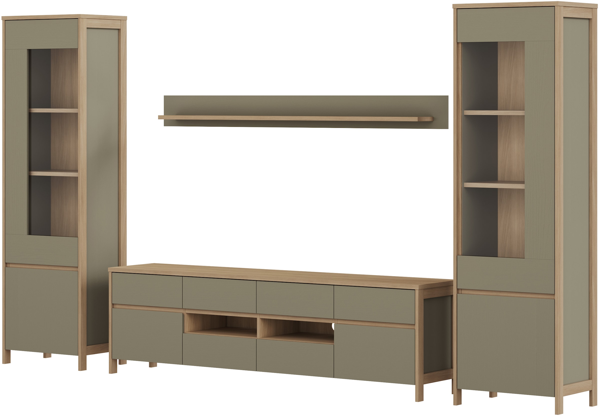 Home affaire Wohnwand »Stranda, moderne Anbauwand, Komplettset im Scandi-Style«, (4 St.), enthält zwei Vitrinen, Lowboard und Wandboard, 344 cm breit