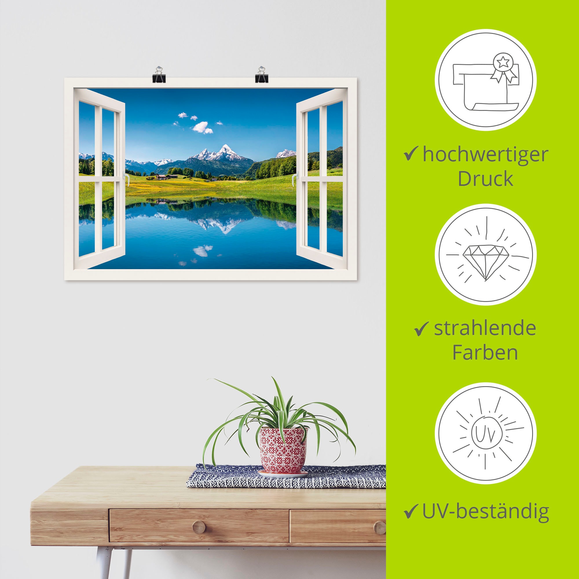 Artland Wandbild »Fensterblick Alpen und Bergsee« Berge 1 Stk. tlg. als Leinwandbild, Poster, Wandaufkleber in verschied. Größen