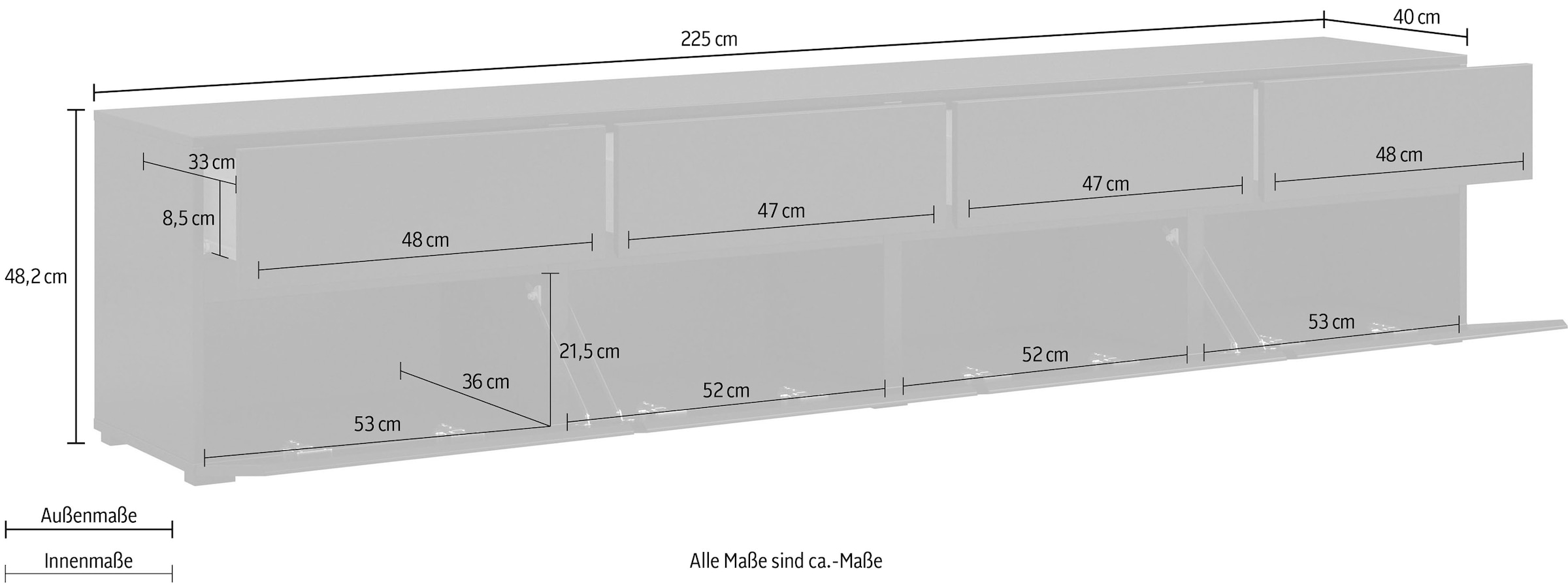 OTTO home Lowboard »Cross, moderne grifflose TV-Kommode,4 Klappen/4 Schubkästen« Breite 225 cm, TV-Schrank mit viel Stauraum, TV-Board