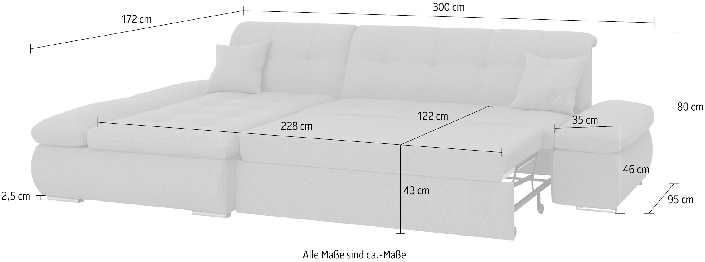 DOMO collection Ecksofa »Moric, L-Form, XXL-Sofa - Breite 300cm«, wahlweise mit Bettfunktion und Armteilverstellung, dunkelgrau