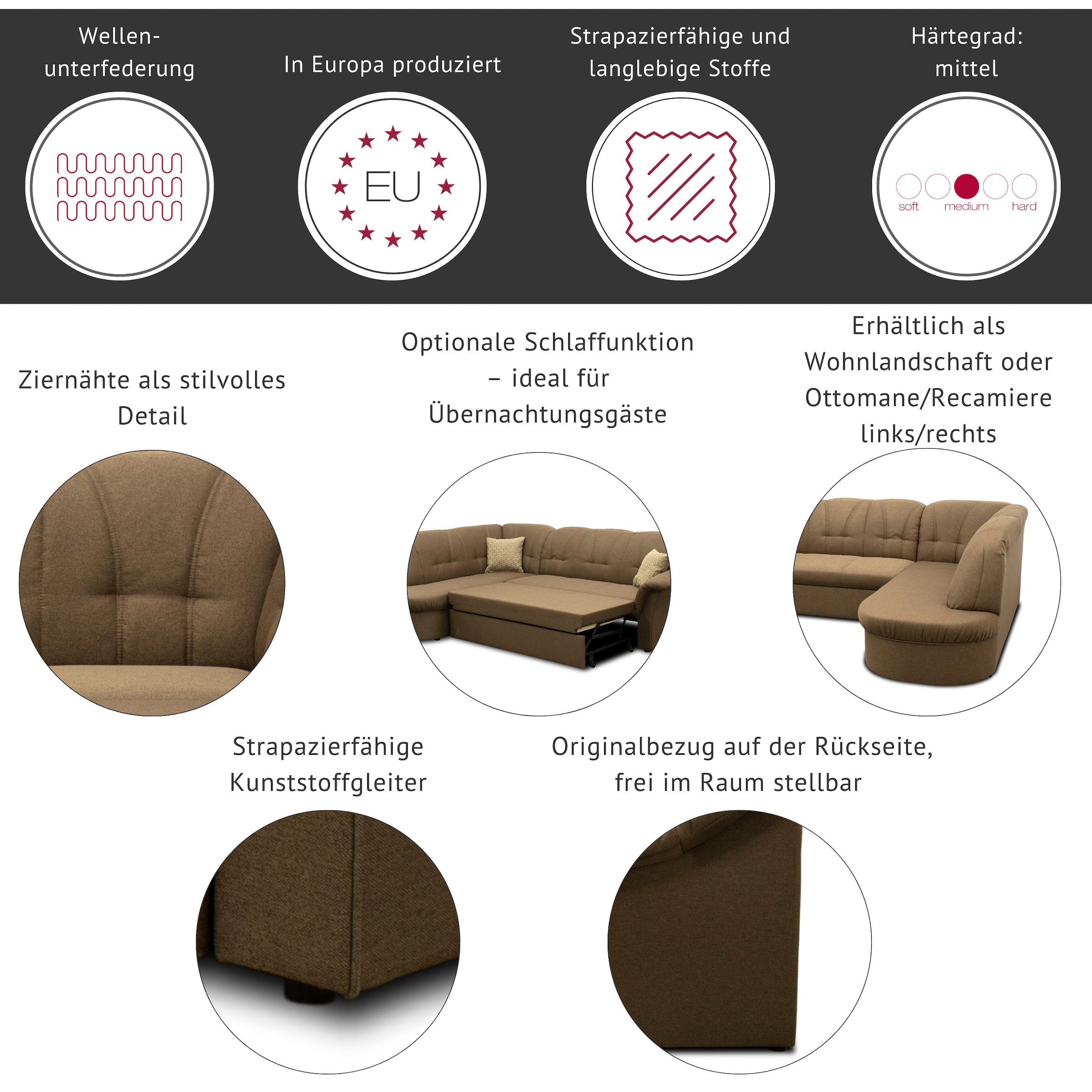 DOMO collection Ecksofa »Pegnitz, elegante Rückensteppung, kompakte Stellmaße 238/141cm, L-Form« wahlweise mit Bettfunktion