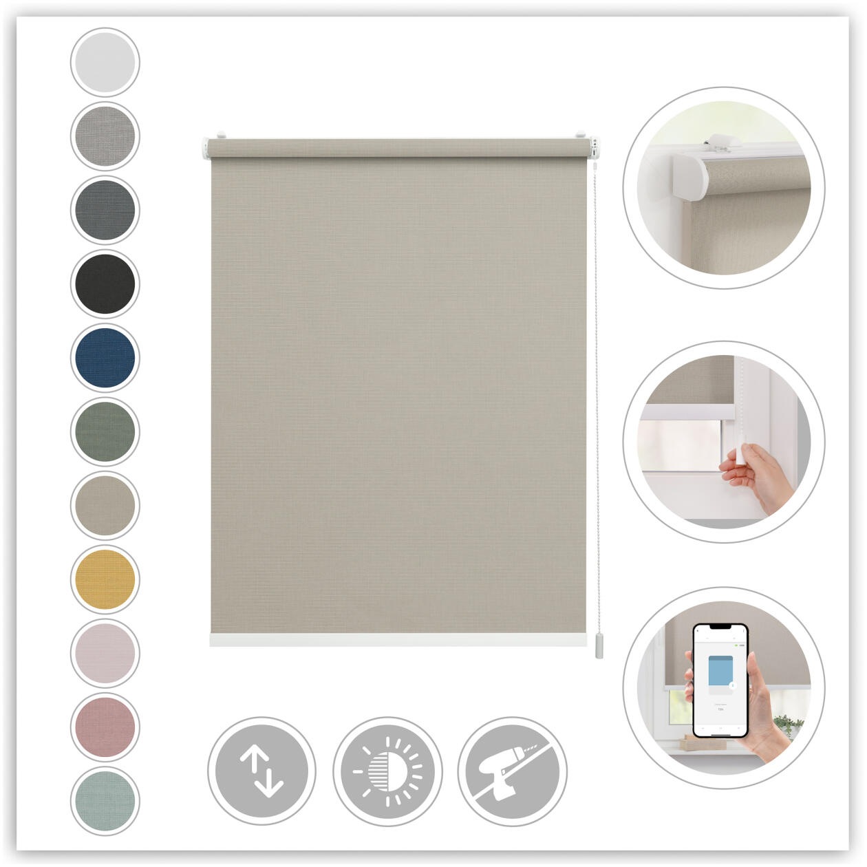 LICHTBLICK ORIGINAL Rollo »Klemmfix, ohne Bohren«, blickdicht, Blendschutz-Sichtschutz, mit Bohren/ohne Bohren, freihängend, Steuerbar mit Bluetooth-App, integrierter Elektromotor und Akku