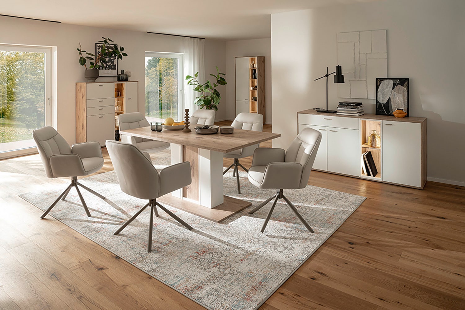 MCA furniture Säulen-Esstisch »SANTERNO Esstisch mit Bodenplatte«, Tisch, Soft White/Viking Oak, mit Säule, belastbar 50kg, Breite 160 cm