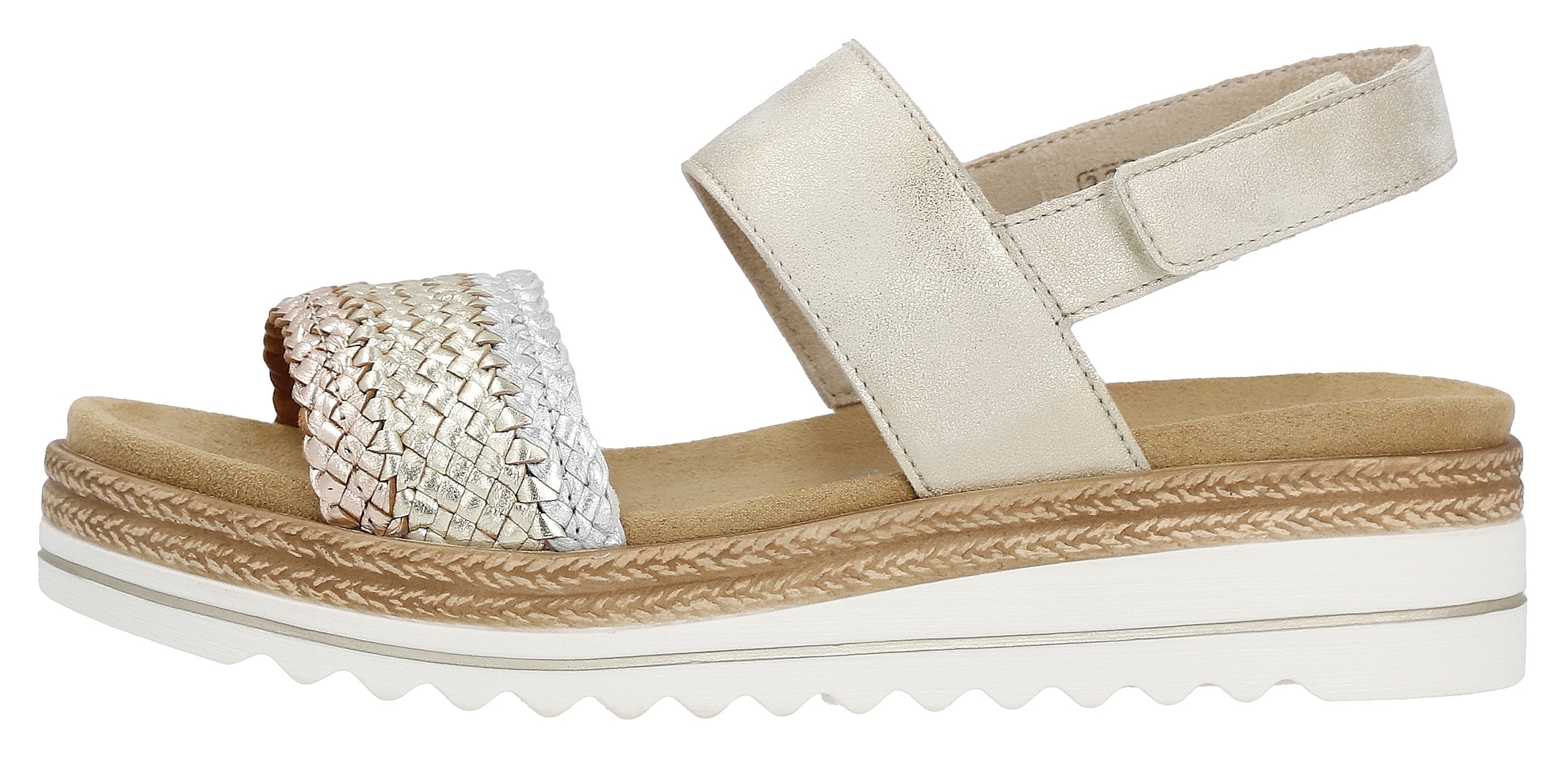 Remonte Keilsandalette »ELLE-Collection«, Sommerschuh, Sandale, Keilabsatz, mit Flechtbandage im Metalliclook