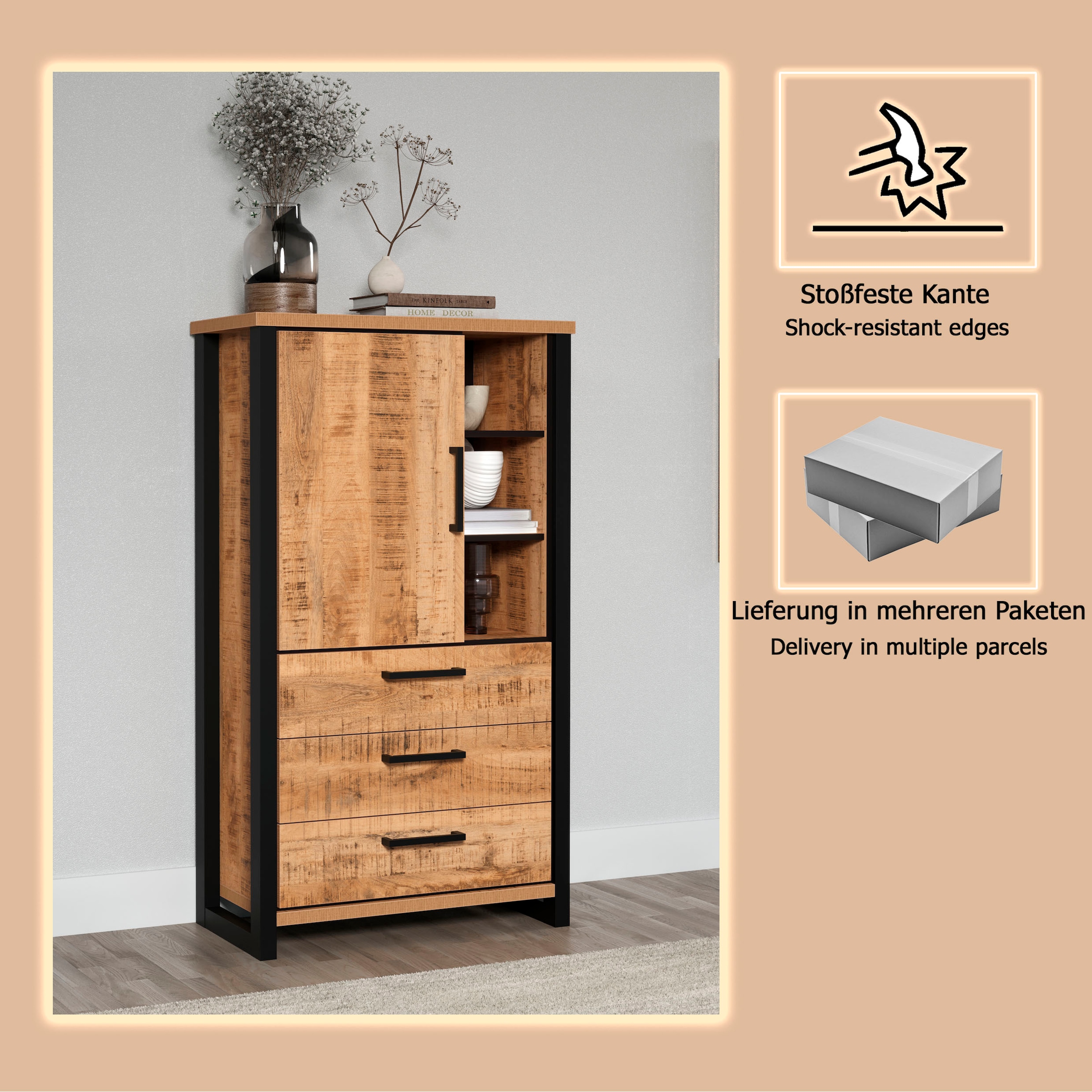Home affaire Highboard »Elda« 1 Stk. tlg. Vitrine mit 1 Tür & 3 Schubladen mit Vollauszug – (B/T/H) 87/45/155 cm