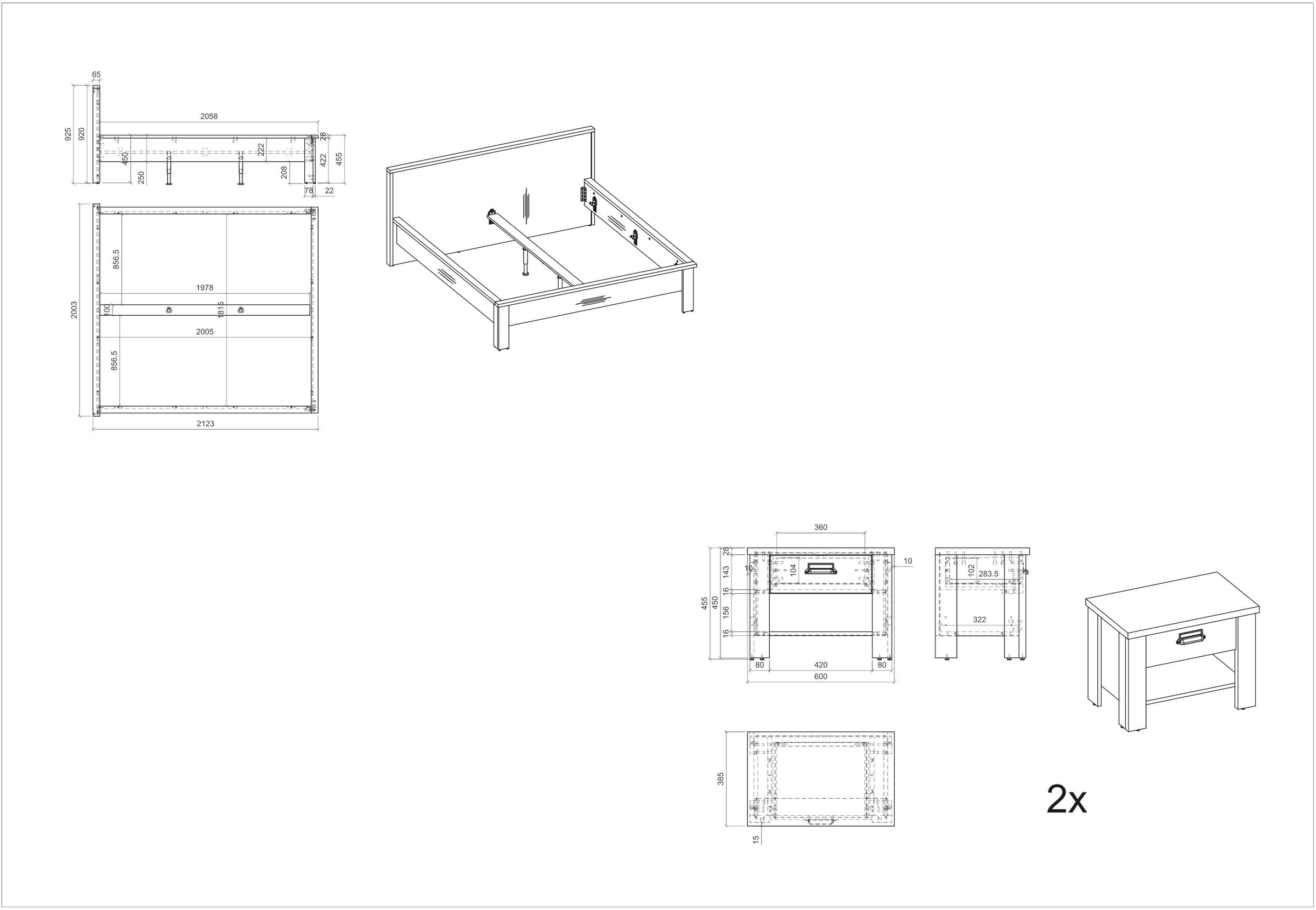 Home affaire Bettanlage »SHERWOOD«, (3 tlg.), Liegefläche Bett 180x200cm, 2 Nachttische mit jeweils 1 Schublade