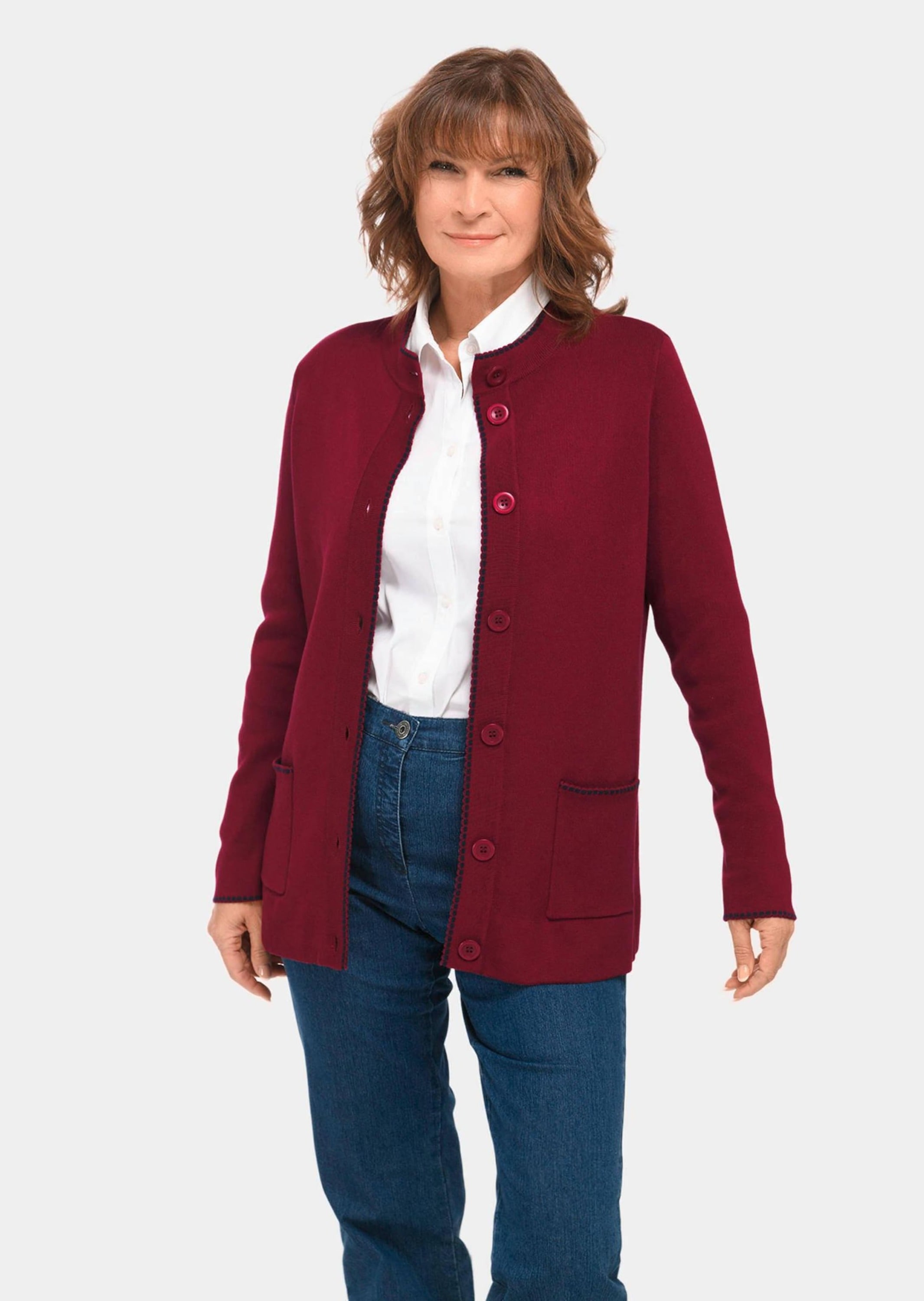 GOLDNER Strickjacke »Kurzgröße Longstrickjacke mit kontrastfarbenen Zierkanten«