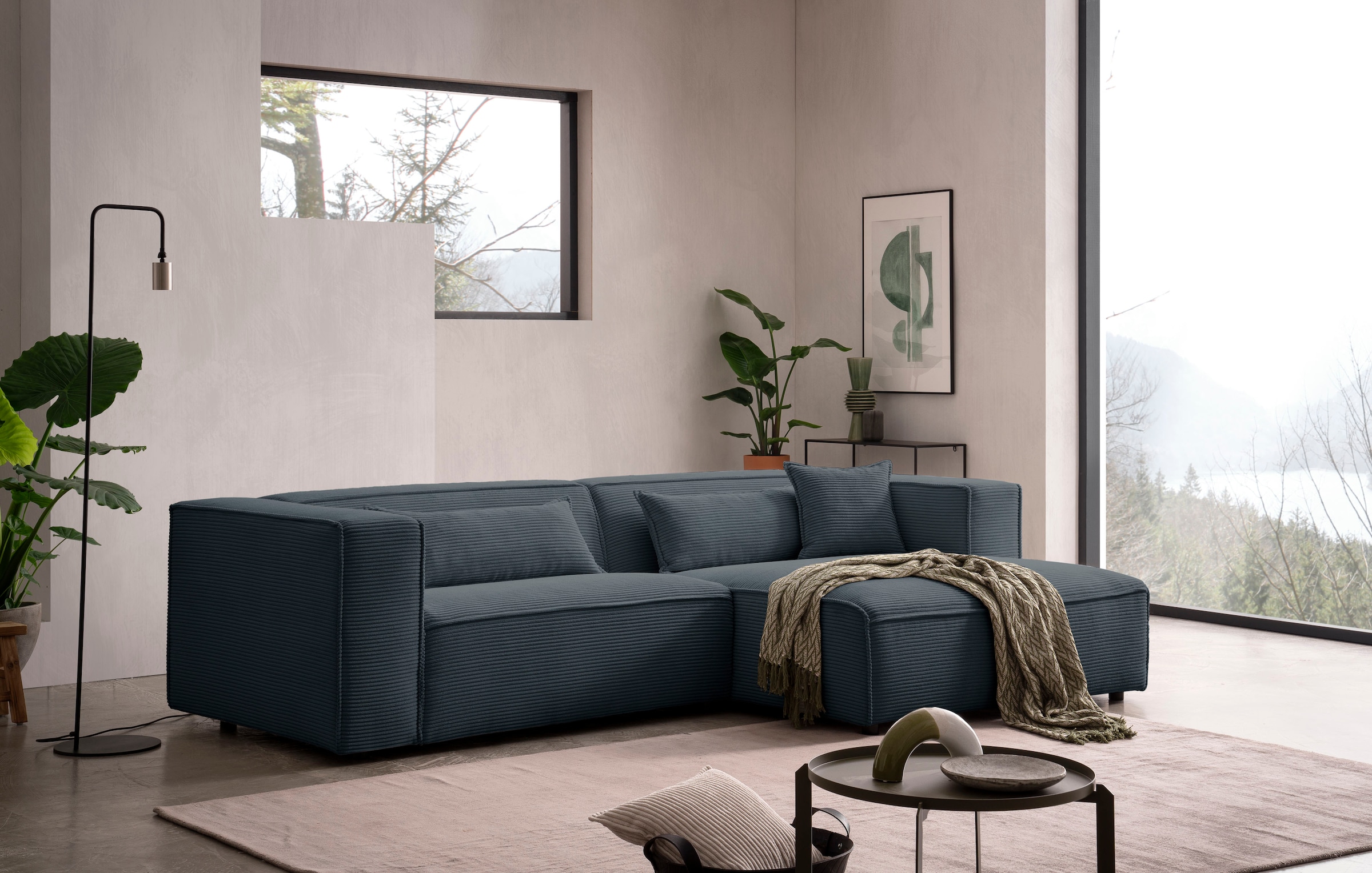 LeGer Home by Lena Gercke Ecksofa »PIARA mit Kedernaht in Cord oder Leinenoptik, moderne Couch in L-Form«, wahlweise Ottomane rechts/links, schwarze Füße, bequemer Sitzkomfort